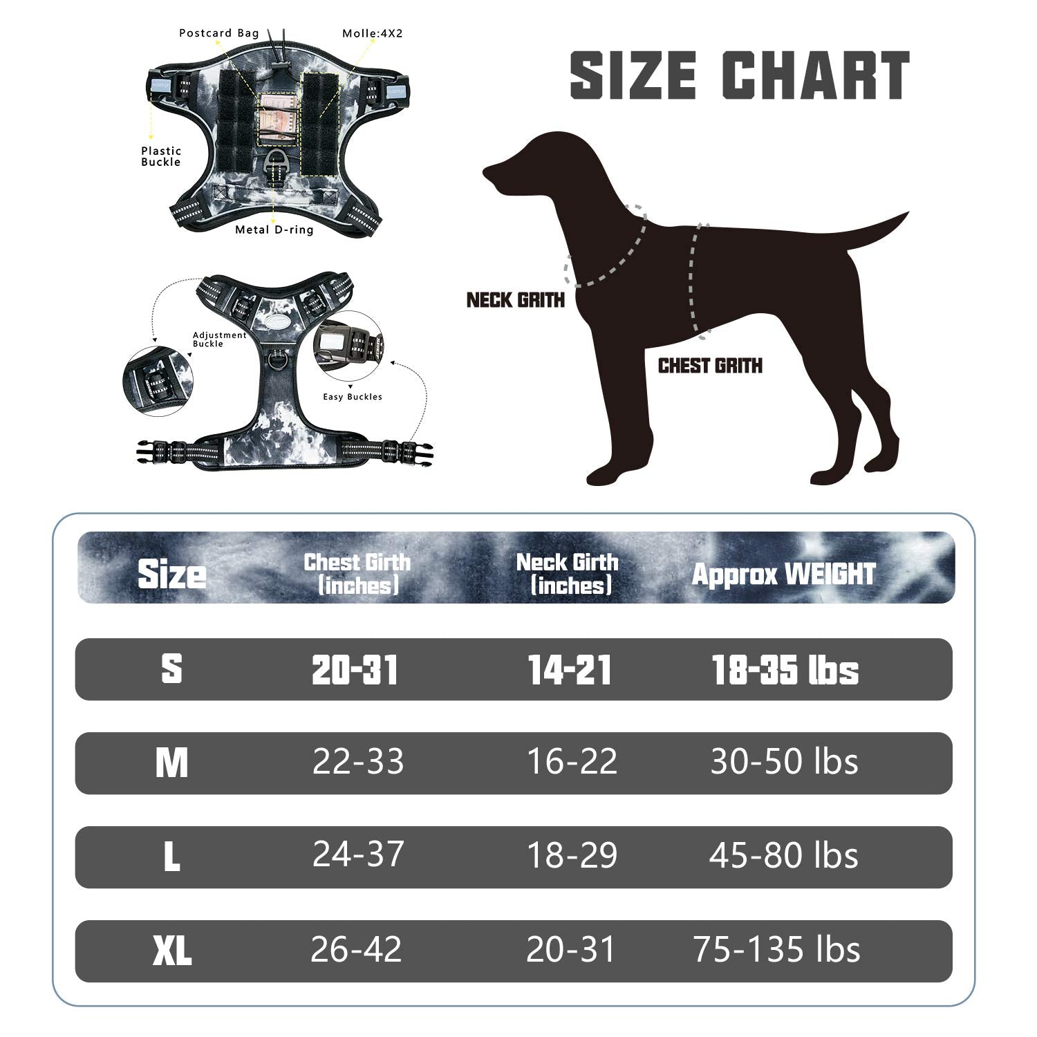 Auroth Tactical Dog Harness For Small Medium Large Dogs No Pull Adjustable Pet Harness Reflective K9 Working Training Easy Control Pet Vest Military Service Dog Harnesses (M, Black Ink)