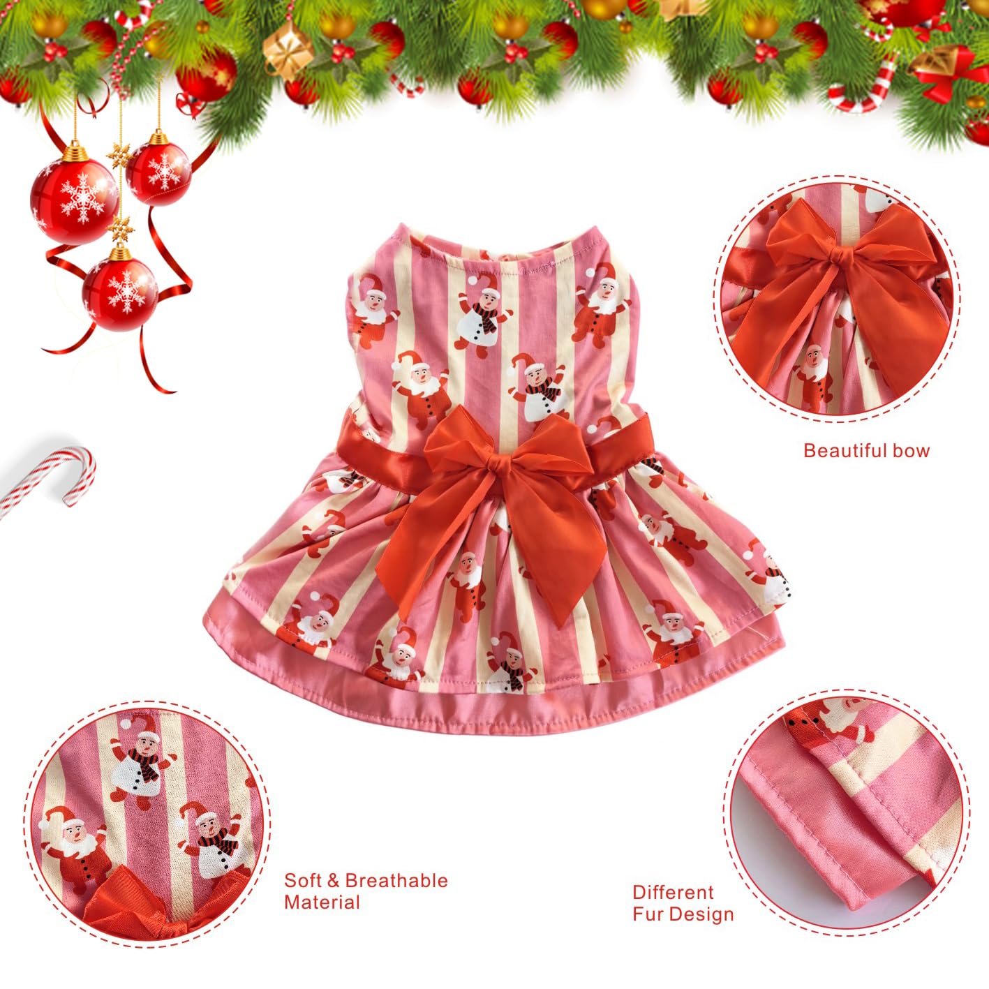 Otunrues Dog Christmas Dress Santa Costume With Bowtie Holiday Party Outfit Lightweight Clothes For Small Medium Dogs Cats S
