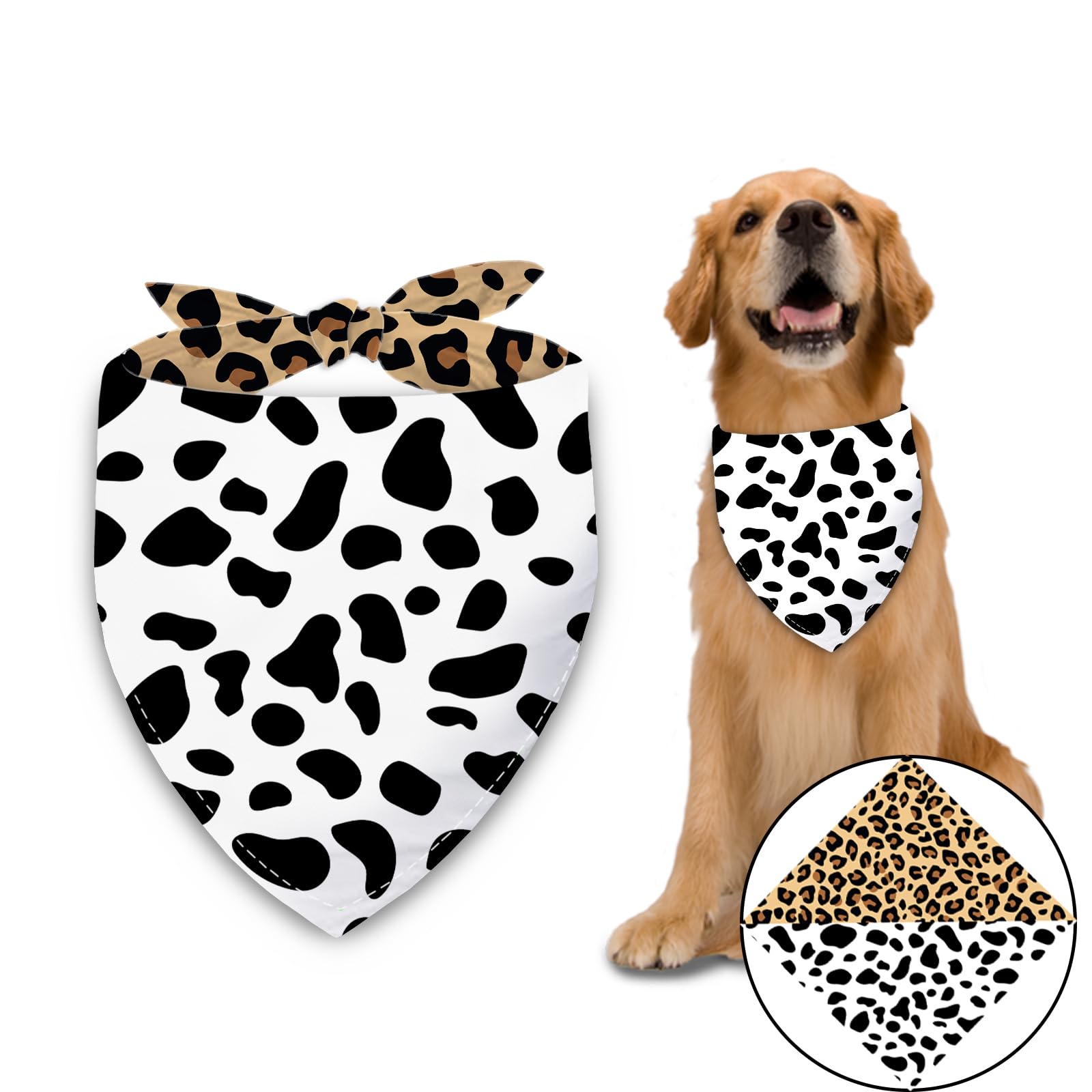 Liboom - Cow Spots And Leopard Prints Dog Bandana Washable Pets Scarf Triangle Adjustable Handkerchief, Double Sided Printing, W