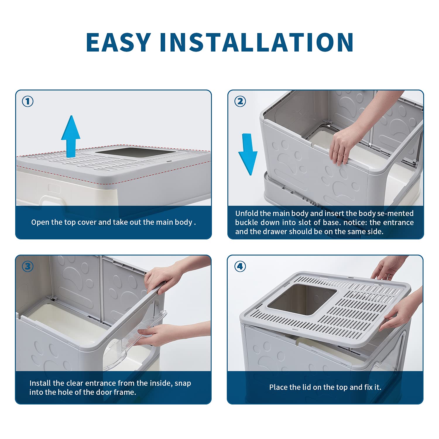 Medario Cat Litter Box With Mat And Scoop, Large Foldable Litter Box With Lid, Front Entry Top Exit Kitty Litter Box, Odor Control Easy Clean (Grey)