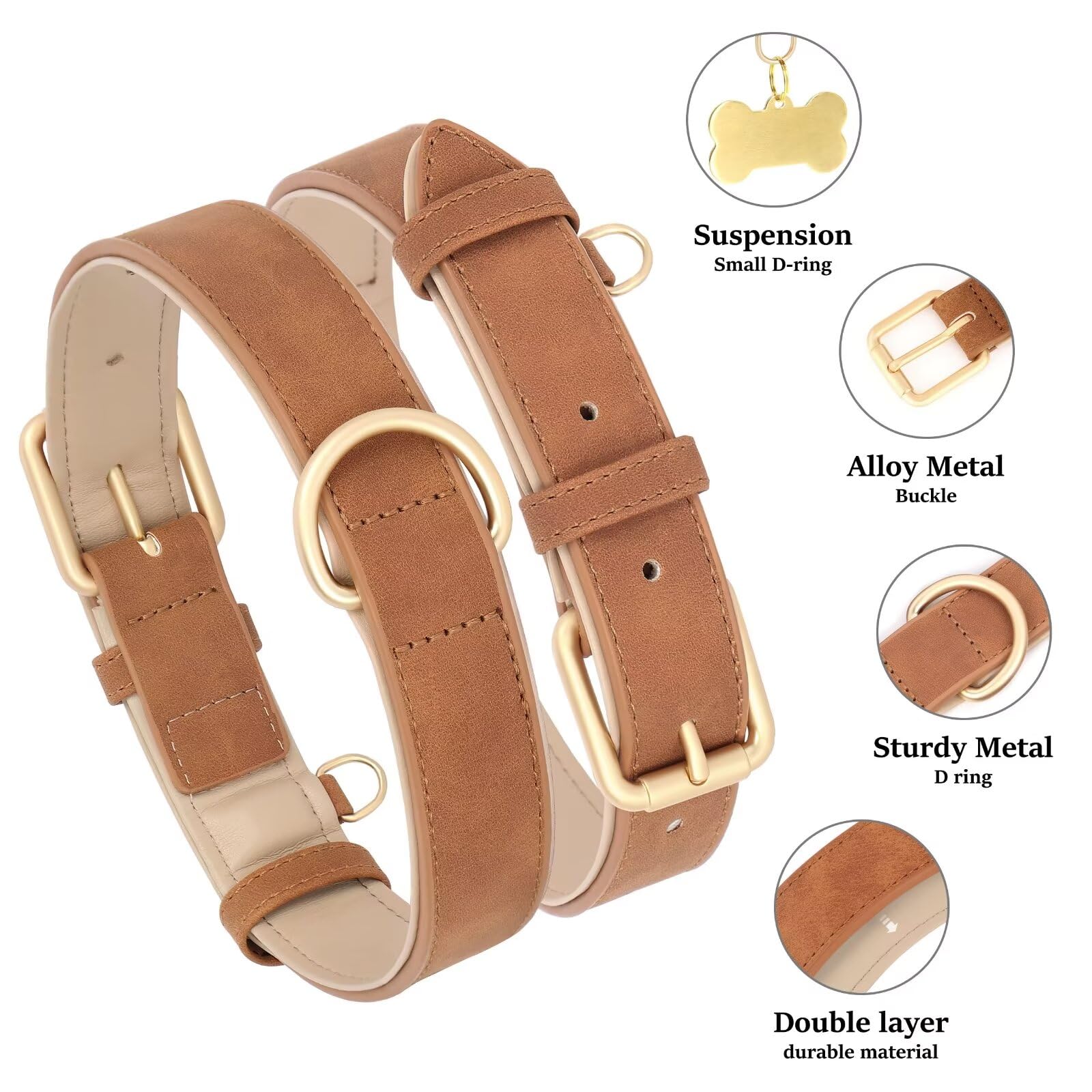 Didog Soft Padded Leather Dog Collar, Adjustable Dog Collars For Medium Dogs With Heavy Duty Metal Buckle And D Ring,Brown,M