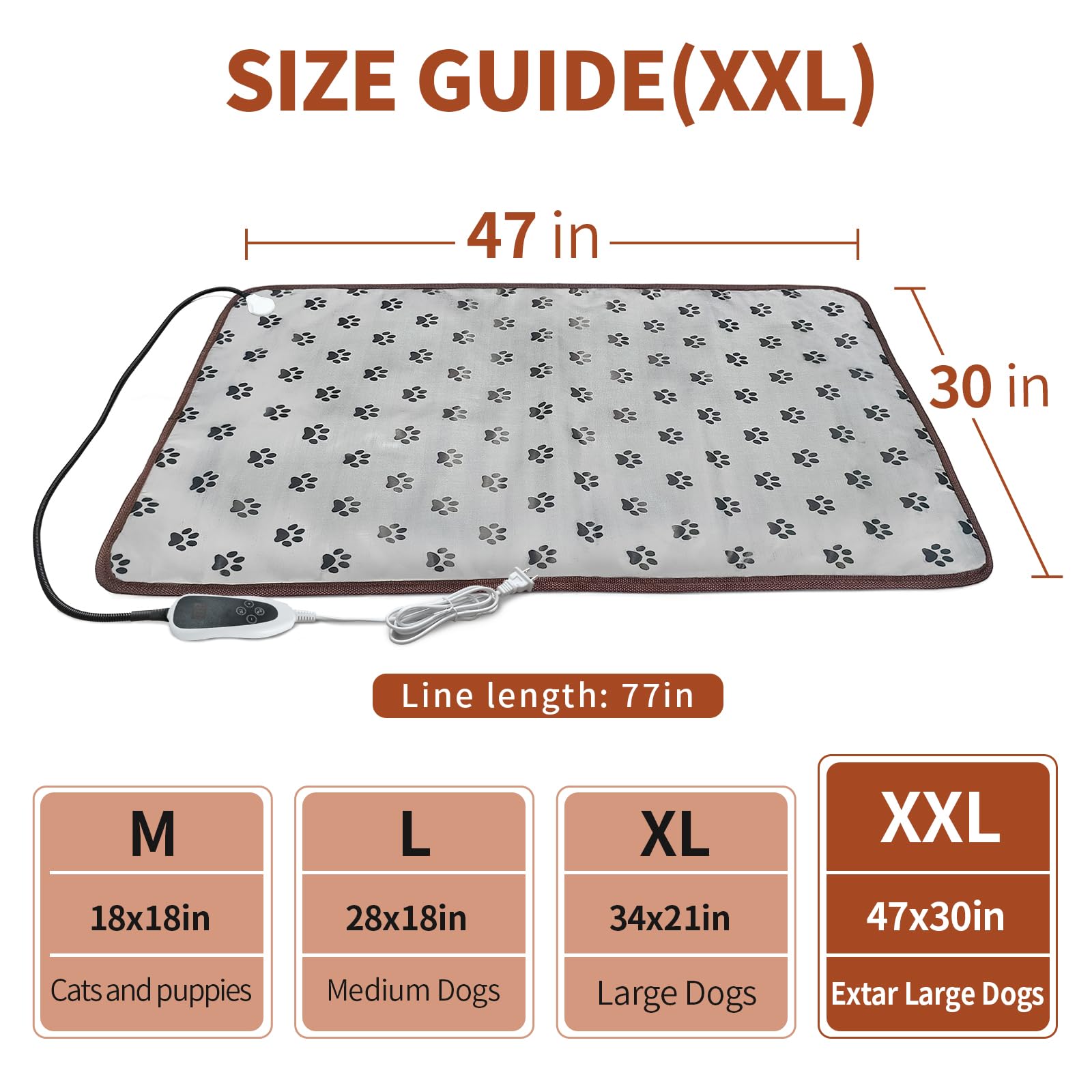 Golopet Extra Large Dog Heating Pad 47X30 In Waterproof Pet Heating Pad Smart Thermostat Switch, Whelping Supplies Heated Dog Bed, Adding Wire Rope Wires Puppy Heating Pad Mat-Paw Print