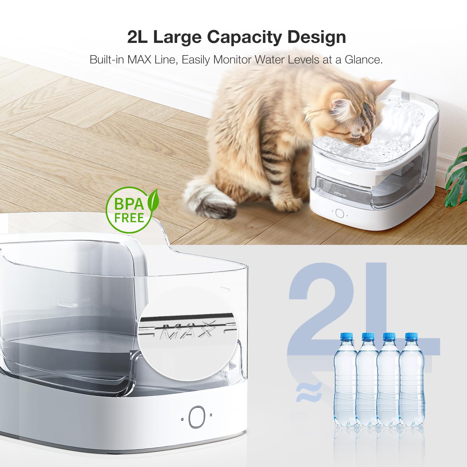 PETGUGU Cat Water Fountain - Ultra-Quiet, 2.4G WiFi, 8-Layer Filter, Marble White, Model PF1L-Marble-01