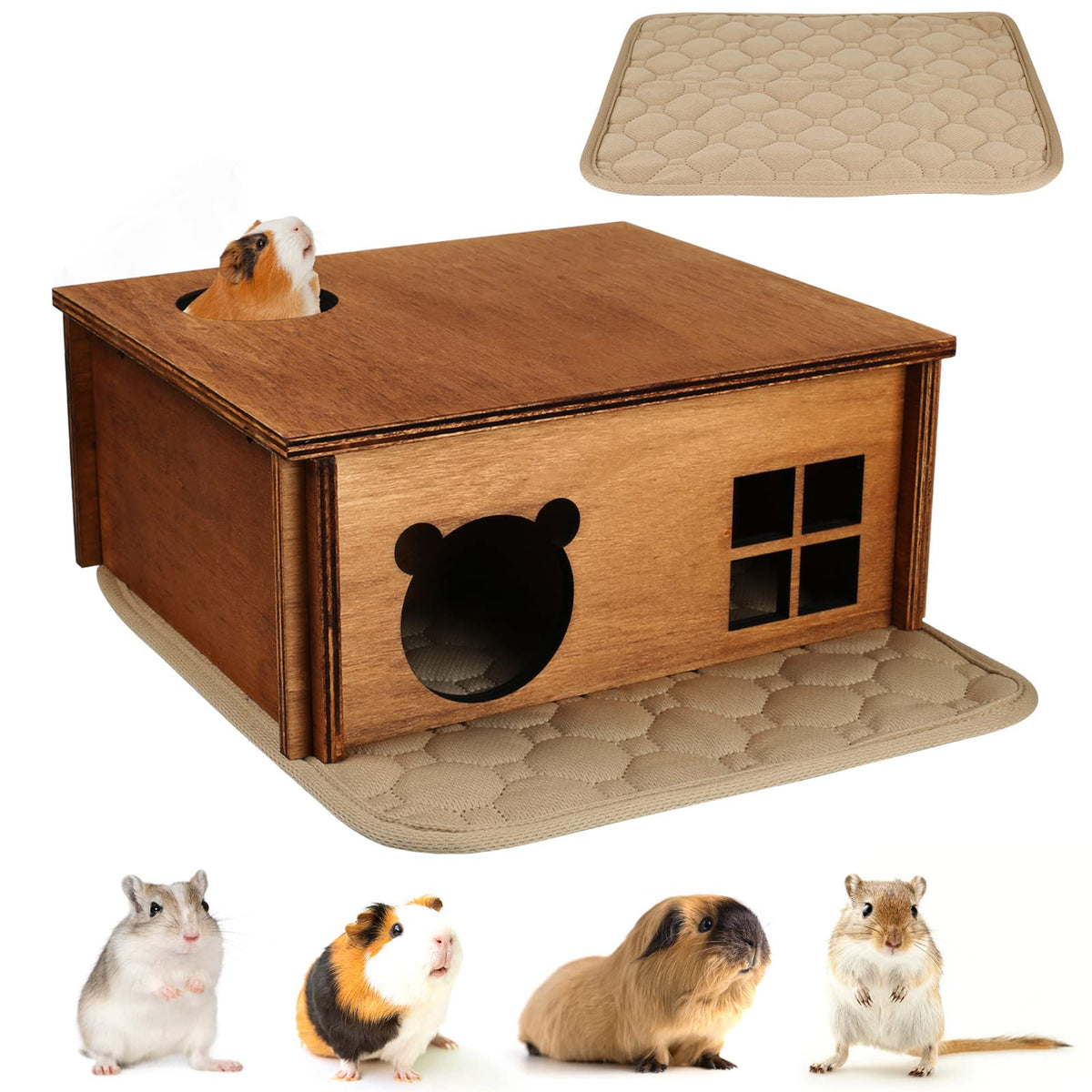 Hamster Multi Chamber Maze Hideout: Wooden Maze Tunnel House Exploring Toys For Hamster Gerbils Mice Guinea Pig Chinchillas, Small Animals Hideout And House - Brown