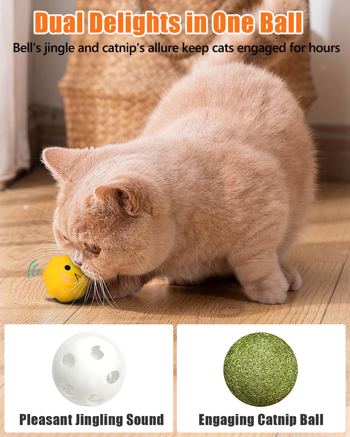 Krauzpet Cat Ball Toys With Bell And Catnip, 2    Bouncing Latex Rubber Pet Chew Toy Kitty Fetch Play Balls For Bored Indoor Adu