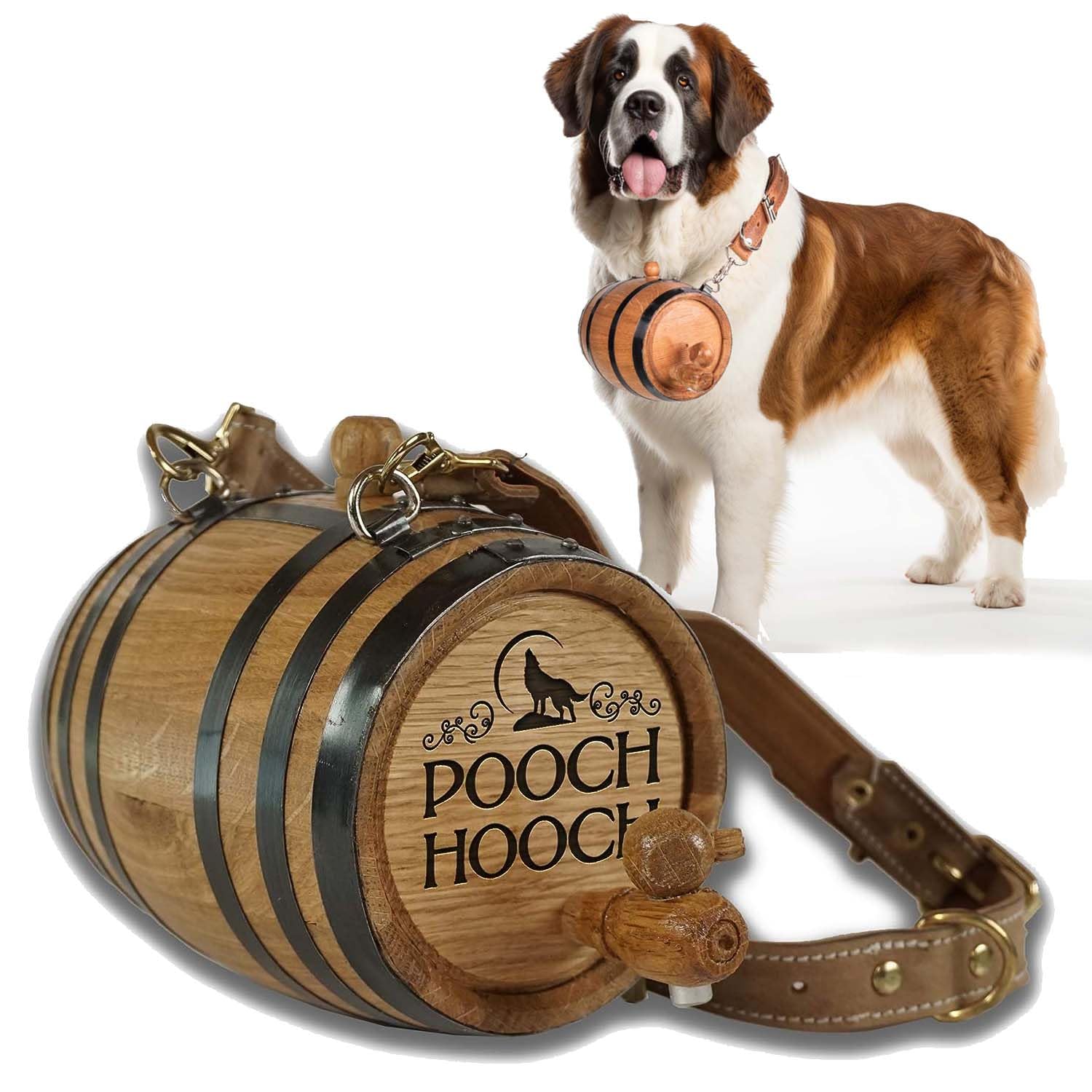 St Bernard Whiskey Barrel Collar For Dog, 'Pooch Hooch' - 1/2 Liter Oak Aging Barrel Dispenser For Saint Bernard Dogs With Adjus