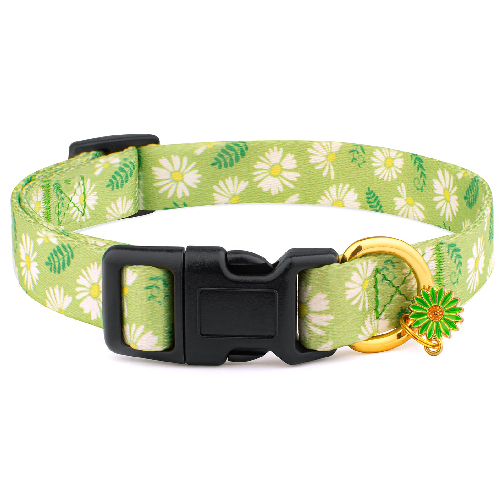 Cotton Handmade Dog Collar For Small Medium Large Dogs,Green Daisy With Pendant Cute Dog Collars,Ideal For Girl Dogs Boy Dogs (M