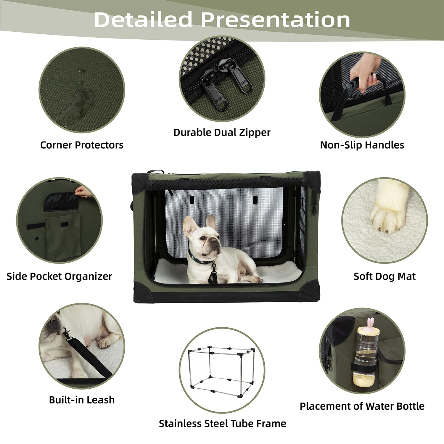 Pettycare 42 Inch Stainless Steel Collapsible Dog Crates For Large Dogs, 4-Door Soft Sided Dog Kennel For Travel, Portable Foldable Pet Crate With Durable Mesh Windows, Indoor & Outdoor, Olive Green