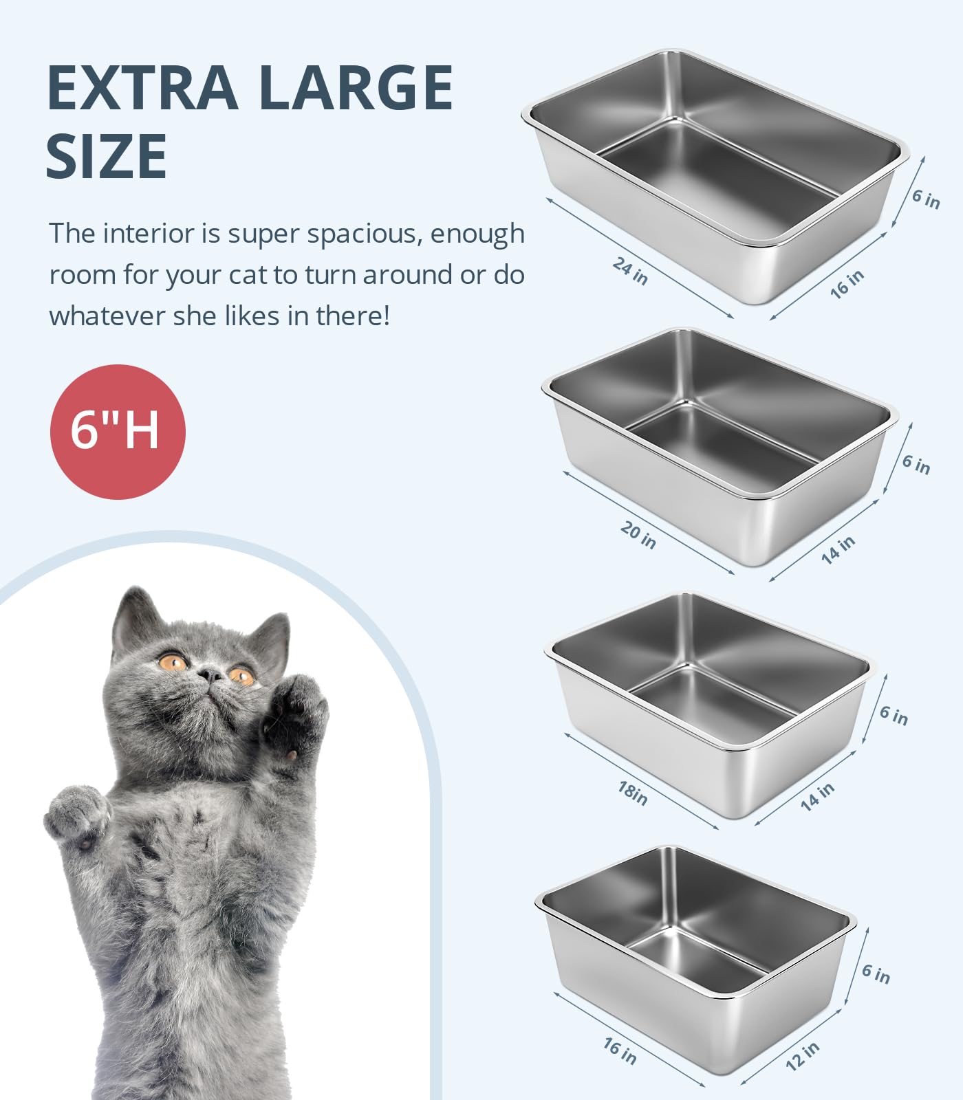 Wenbokmin Stainless Steel Cat Litter Box, 6In Cat Litter Pan For Large Cats And Rabbits, Extra Large Metal Litter Box High Sides