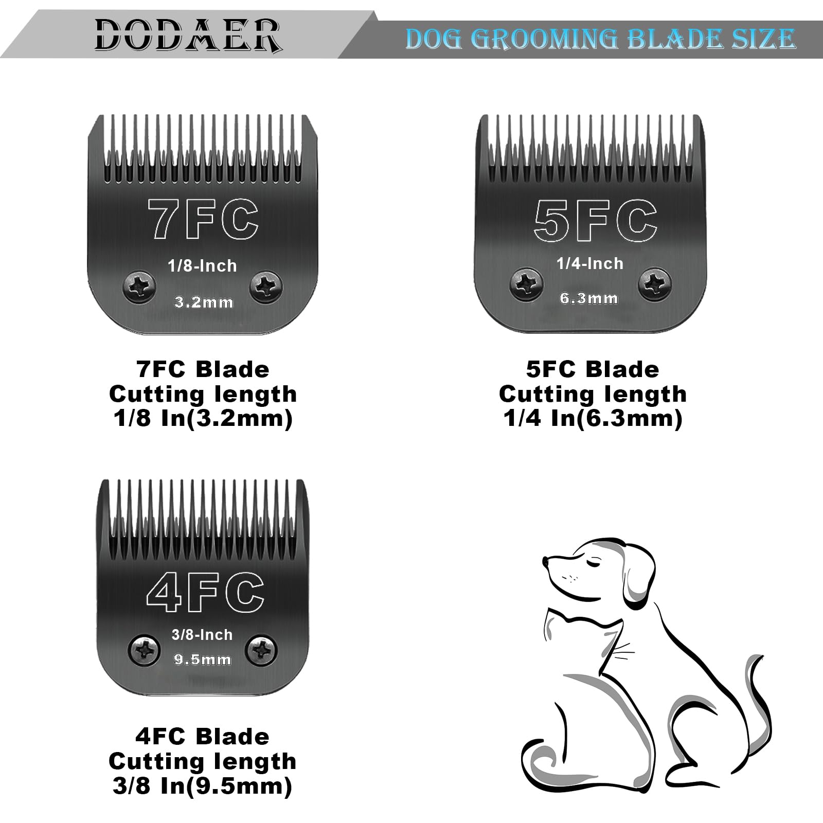 Dodaer 7Fc+5Fc+4Fc Black Detachable Pet Dog Grooming Clipper Stainless Steel Blades Set,Compatible With Andis,Oster A5,Wahl Km10