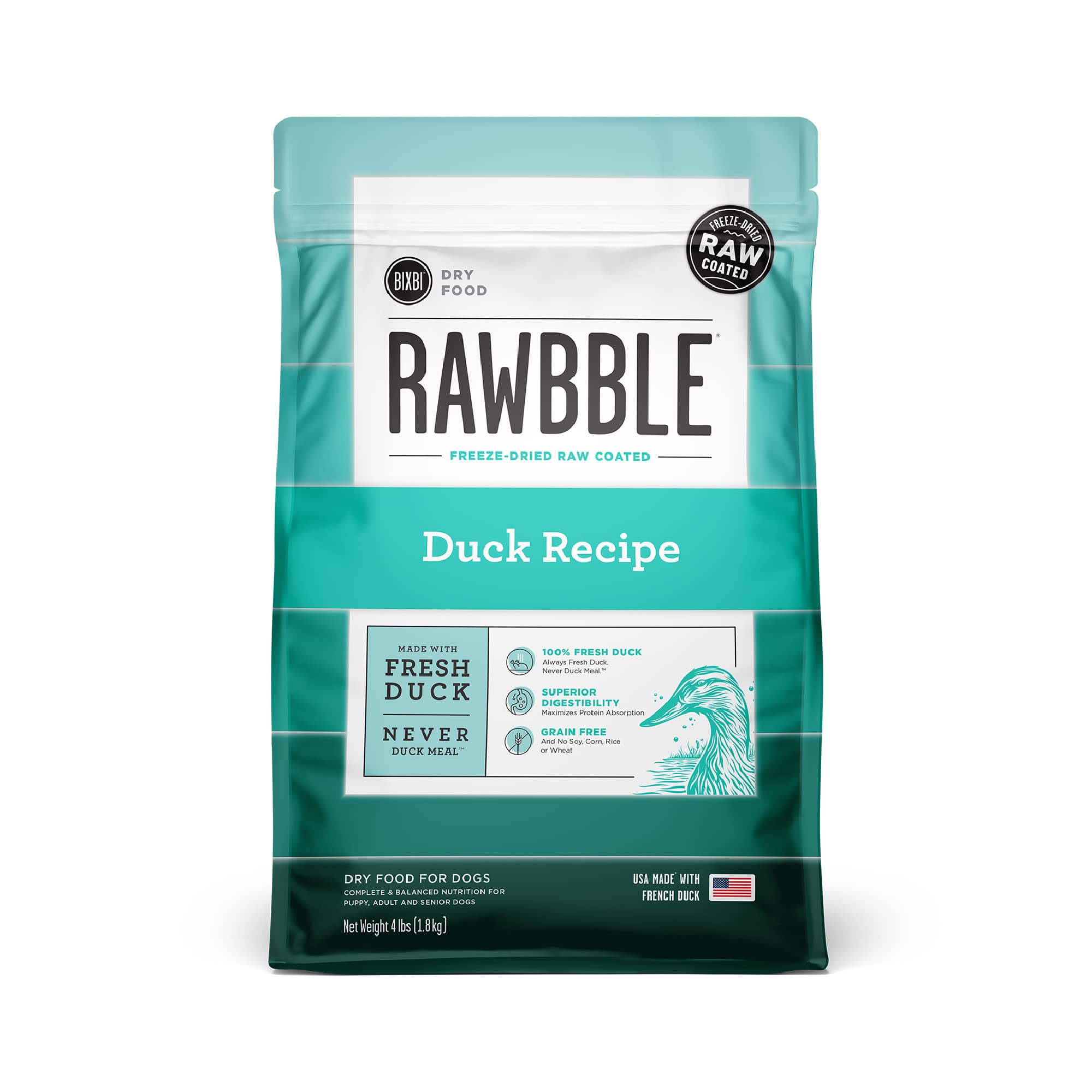 BIXBI Rawbble Dry Dog Food, Duck, 4 lbs - USA Made with Fresh Meat - No Meat Meal & No Corn, Soy or Wheat - Freeze Dried Raw Coa