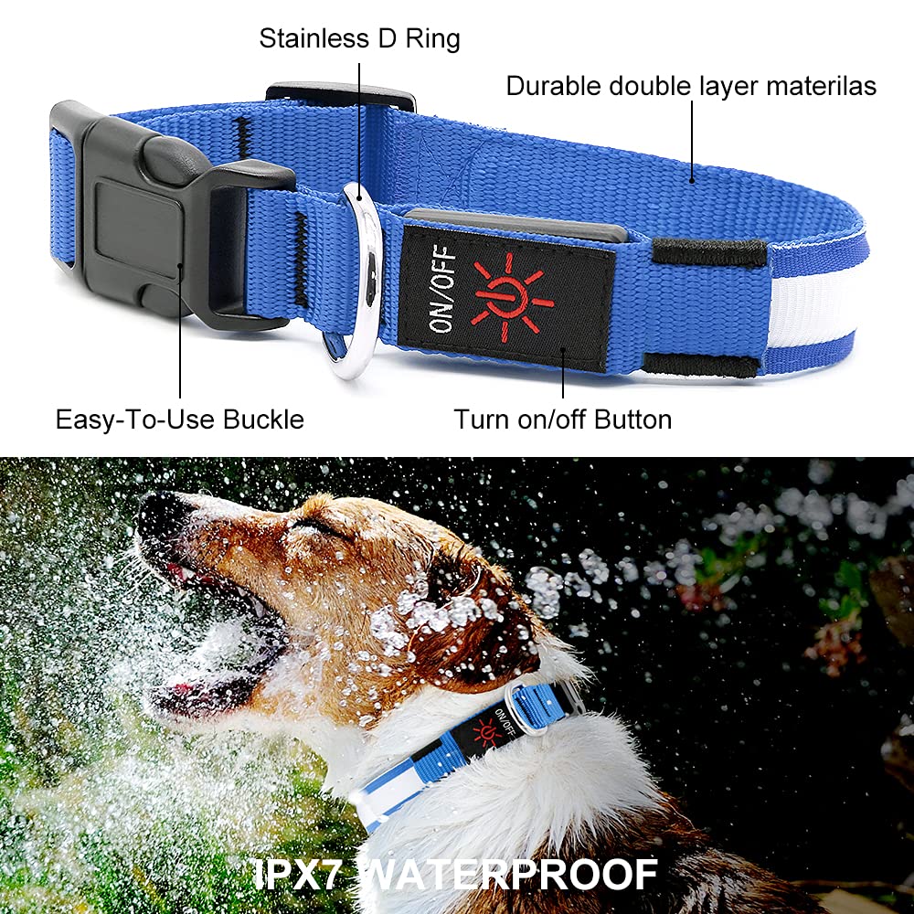 Yfbrite Ultra Light Usb Rechargeable Led Dog Collar - Adjustable Light Up Dog Collar - Waterproof Dog Collar - Flashing Dog Collar Visiblity & Safety For Your Dogs (Blue, Small)