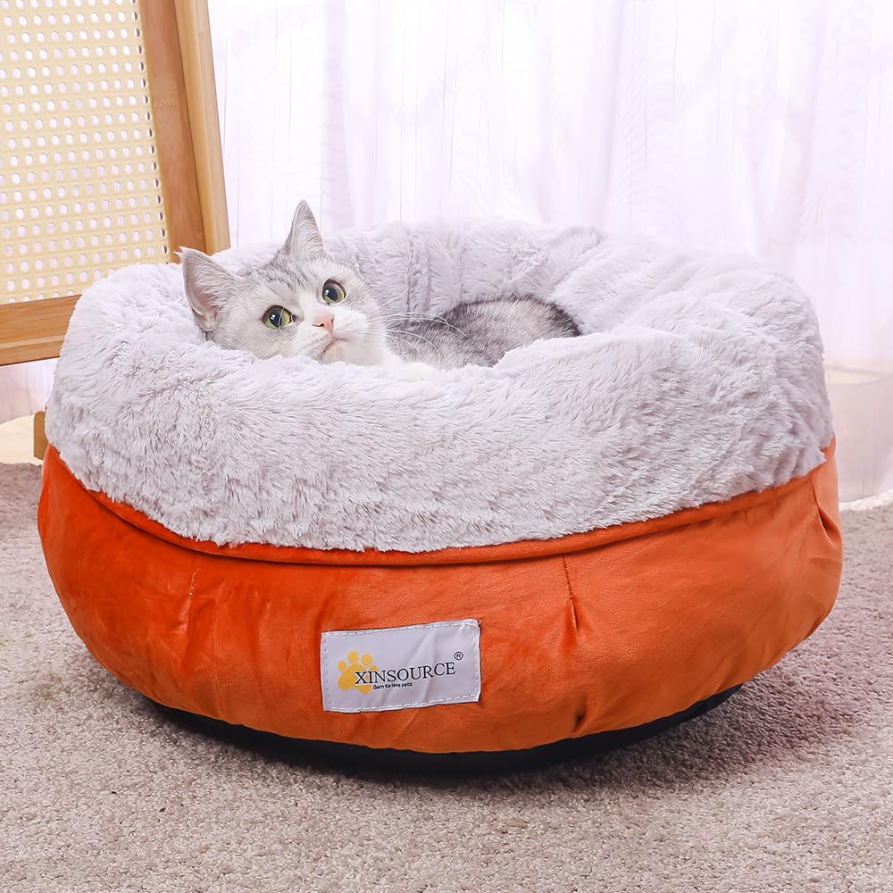Xinsource Cozy Round Pet Bed, Cats Bed,Dogs Bed. Soft Plush Interior. Extra Support. Non-Slip. Machine Washable. (Gery+Orange, S