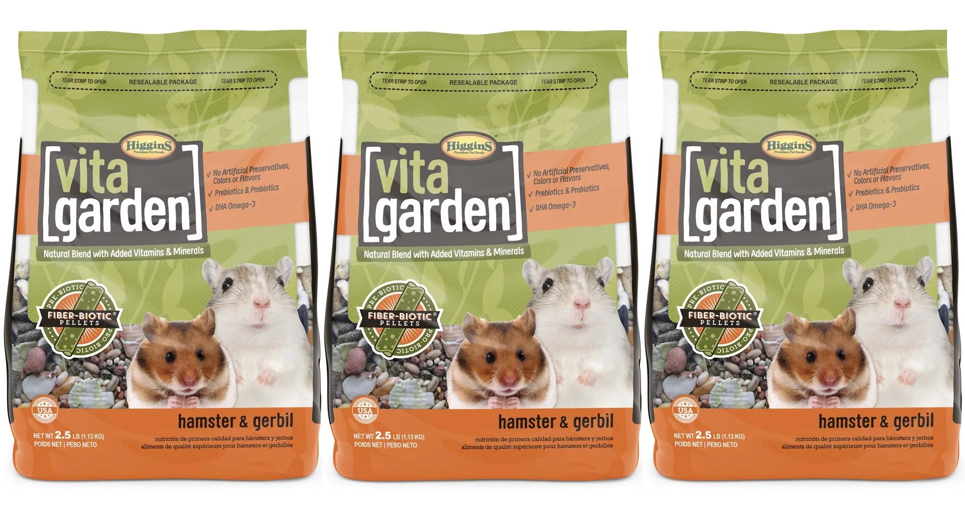 Higgins 3 Pack of Vita Garden Hamster and Gerbil Food, 2.5 Pounds Each, with Fiber-Biotic Pellets