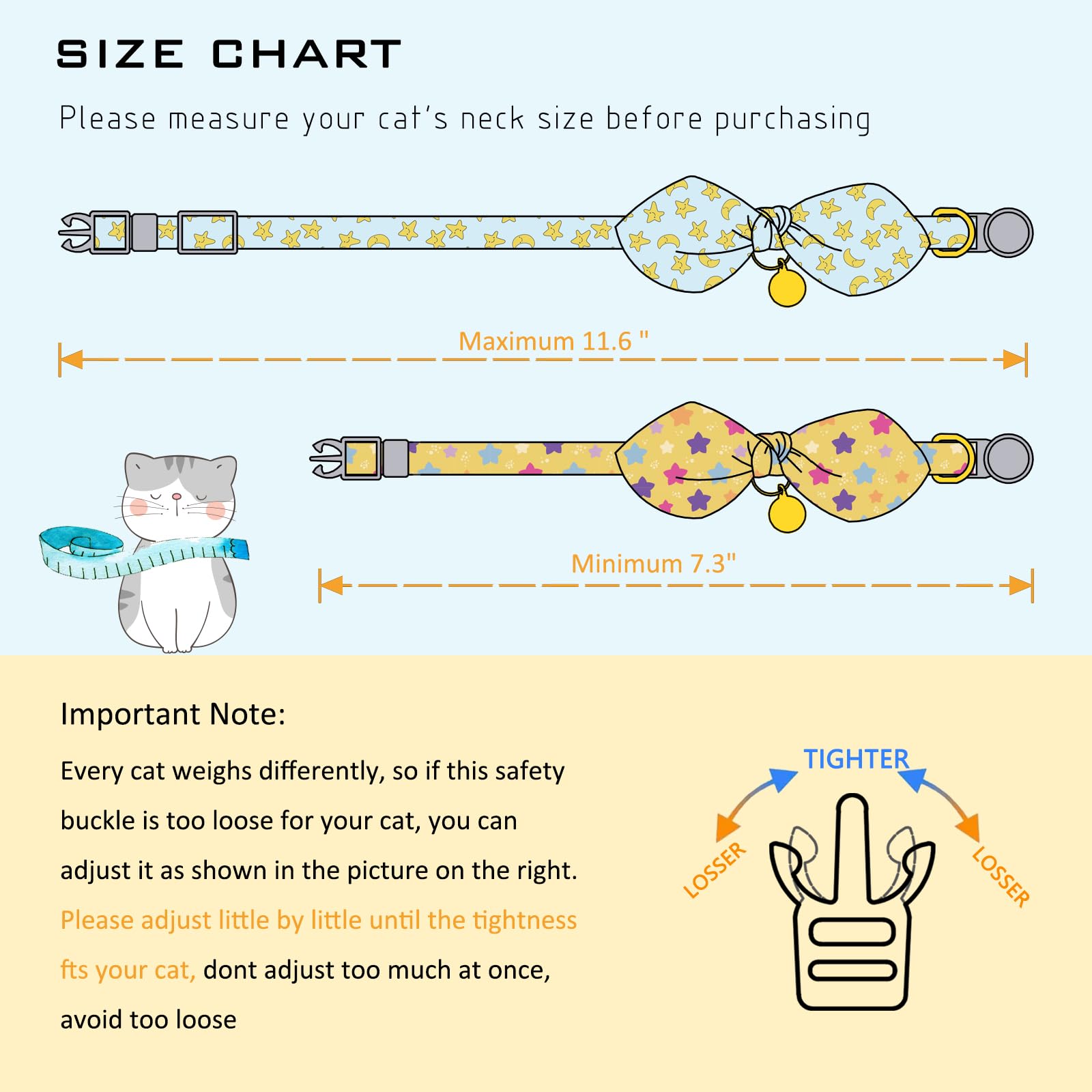 Faygarsle 2 Pack Breakaway Cute Cat Collars With Bell,Blue With Yellow Stars, Orange With Multicolor Stars