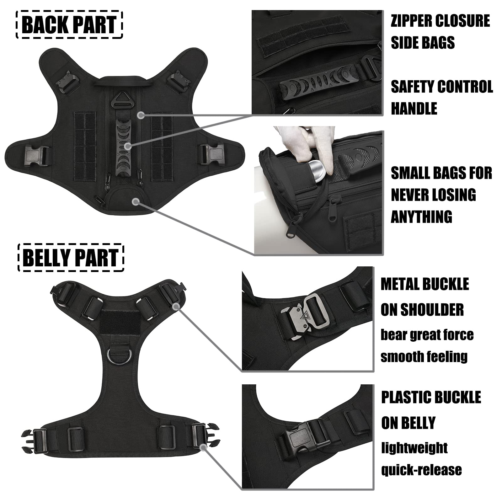 Tactical Dog Harness For Medium And Large Dogs No Pull Adjustable Dog Vest For Training Hunting Walking Military Dog Harness With Handle Service Dog Vest With Molle & Loop Panels Black,L(Vest Only)