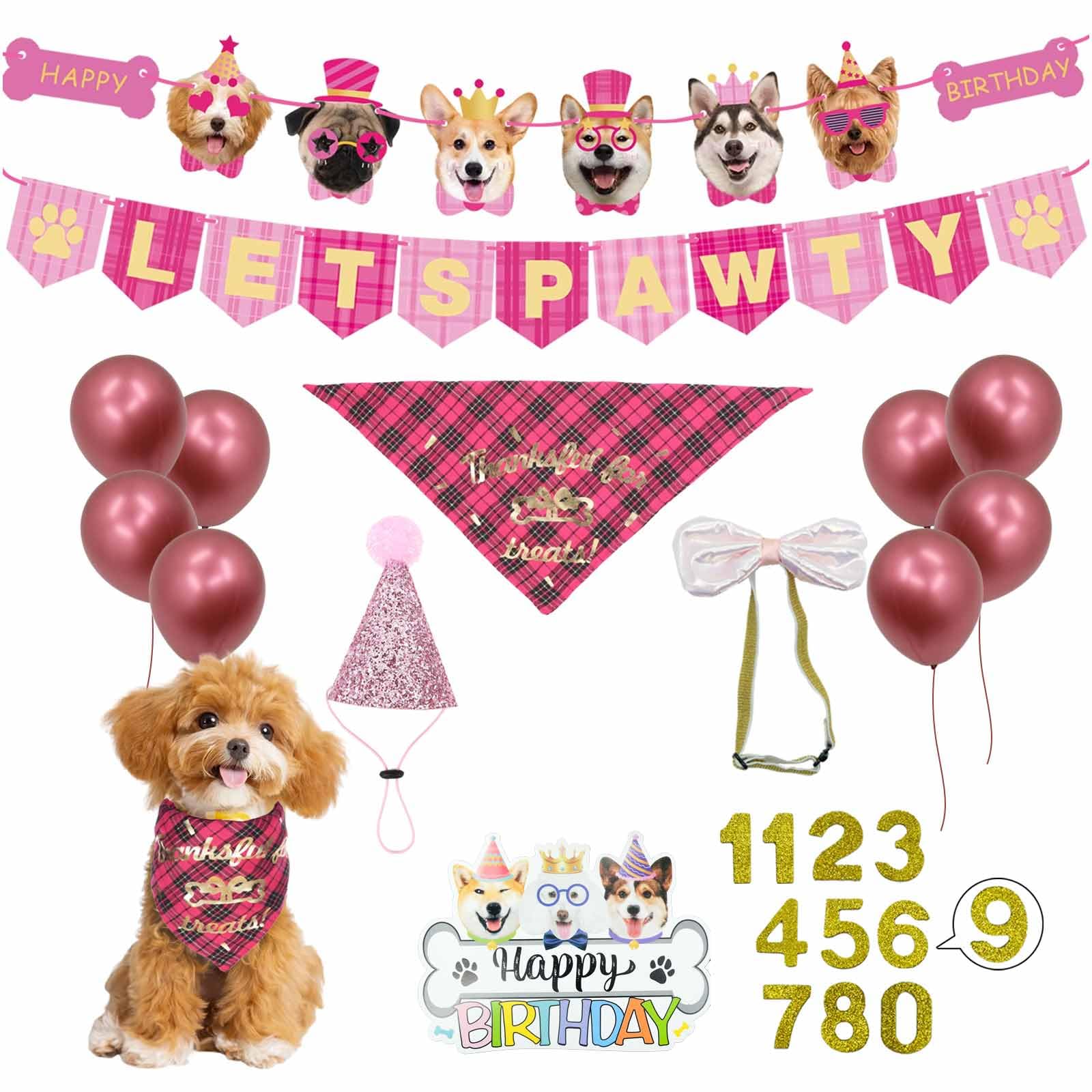 Dog Birthday Party Decorations Supplies Boy With Lets Pawty Balloons Banner Dog Birthday Bandana Birthday Hat Dog Bow Tie Flag, 
