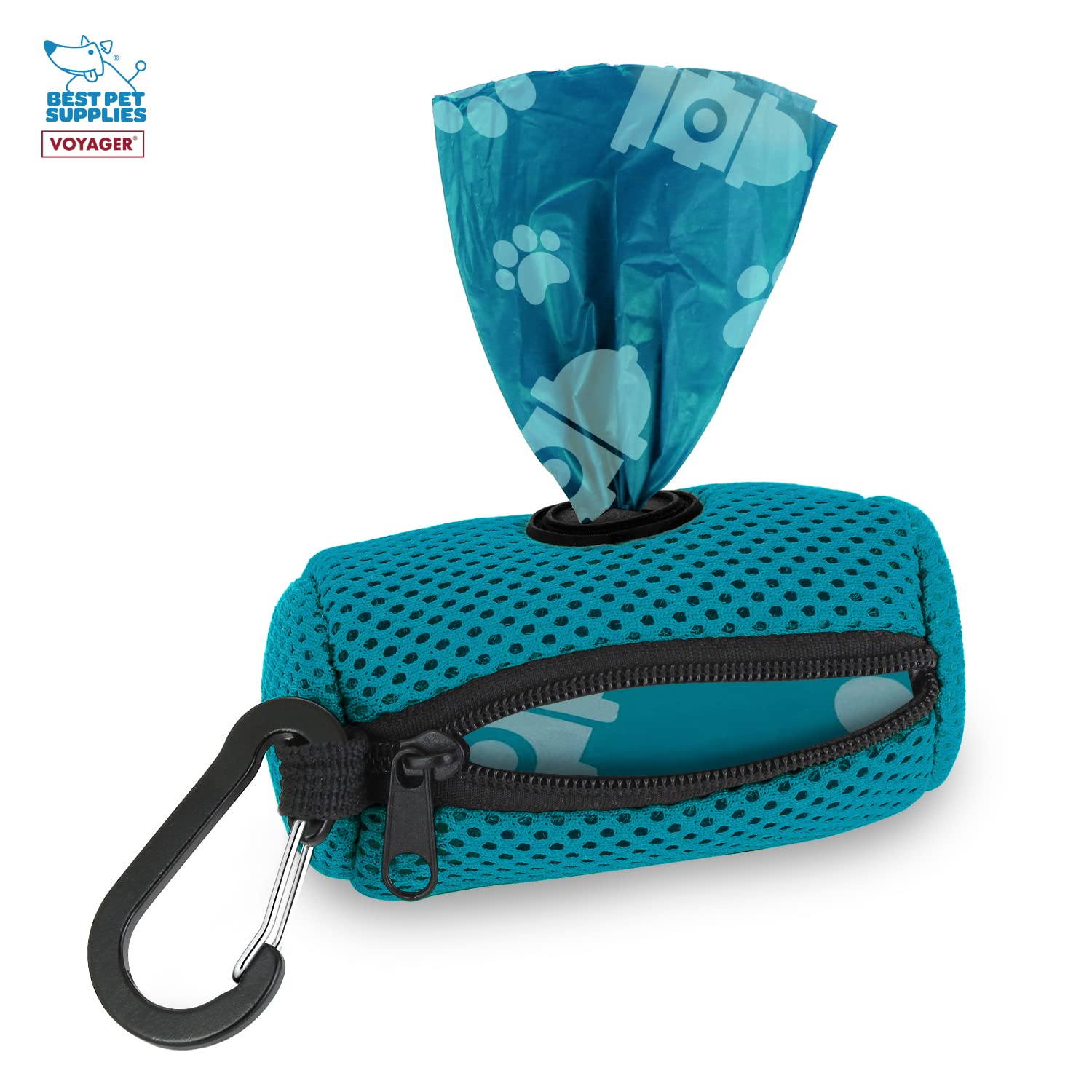 Best Pet Supplies Dog Poop Bag Holder Leash Attachment With 15 Bags, Turquoise, Reusable Mesh Dispenser Pouch For Travel, Walkin