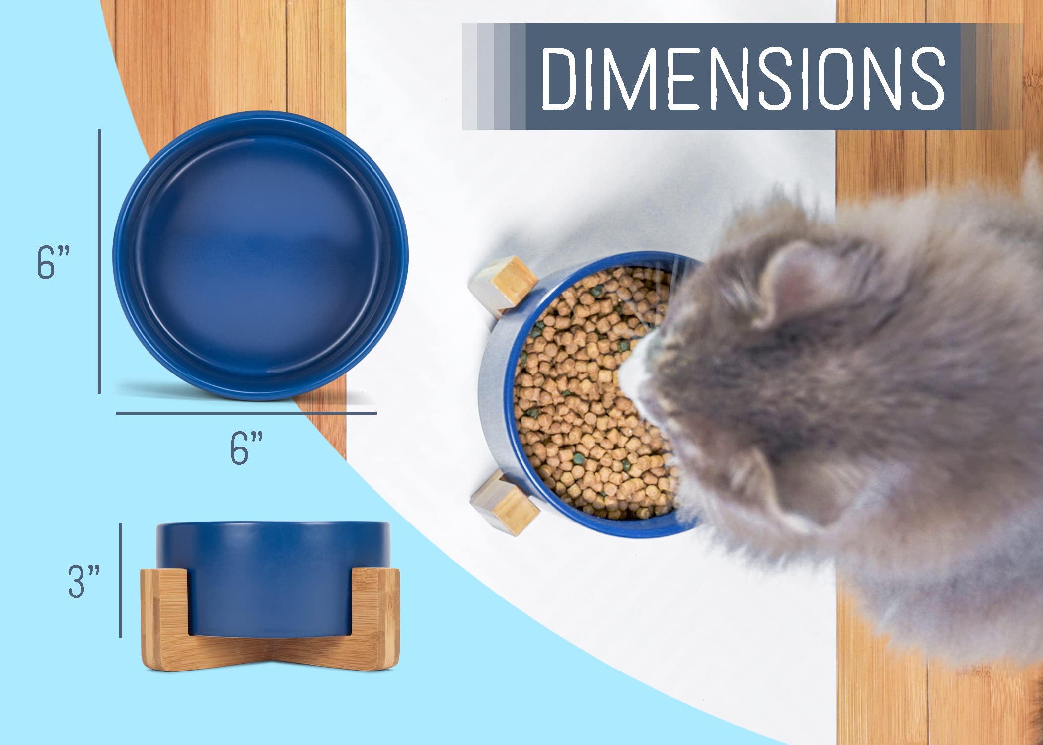 Nat & Jules Small Navy 6 Inch Stoneware Ceramic And Wood Pet Bowl With Stand