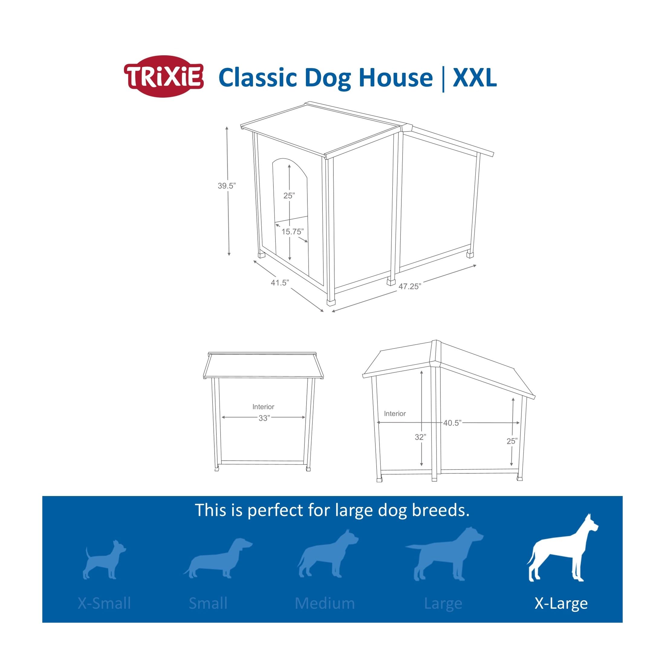 TRIXIE XXL Natura Classic Outdoor Dog House, Weatherproof Finish, Elevated Floor, Brown