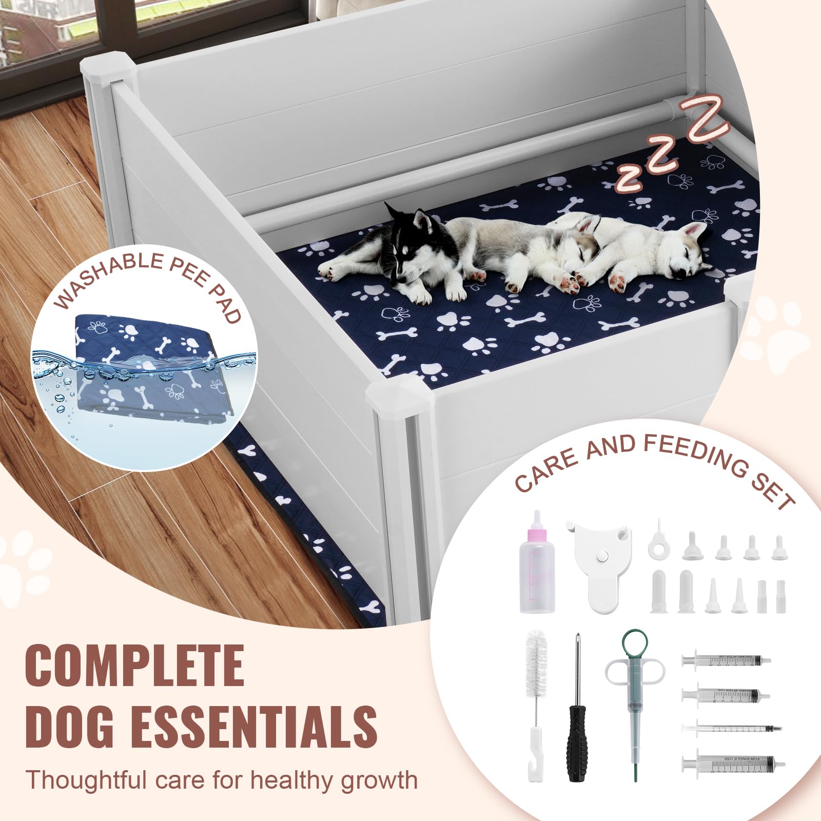 VEVOR Dog Whelping Box 93.3 x 48.4 x 18.1in Dual Zone PVC with Rails Pee Pad