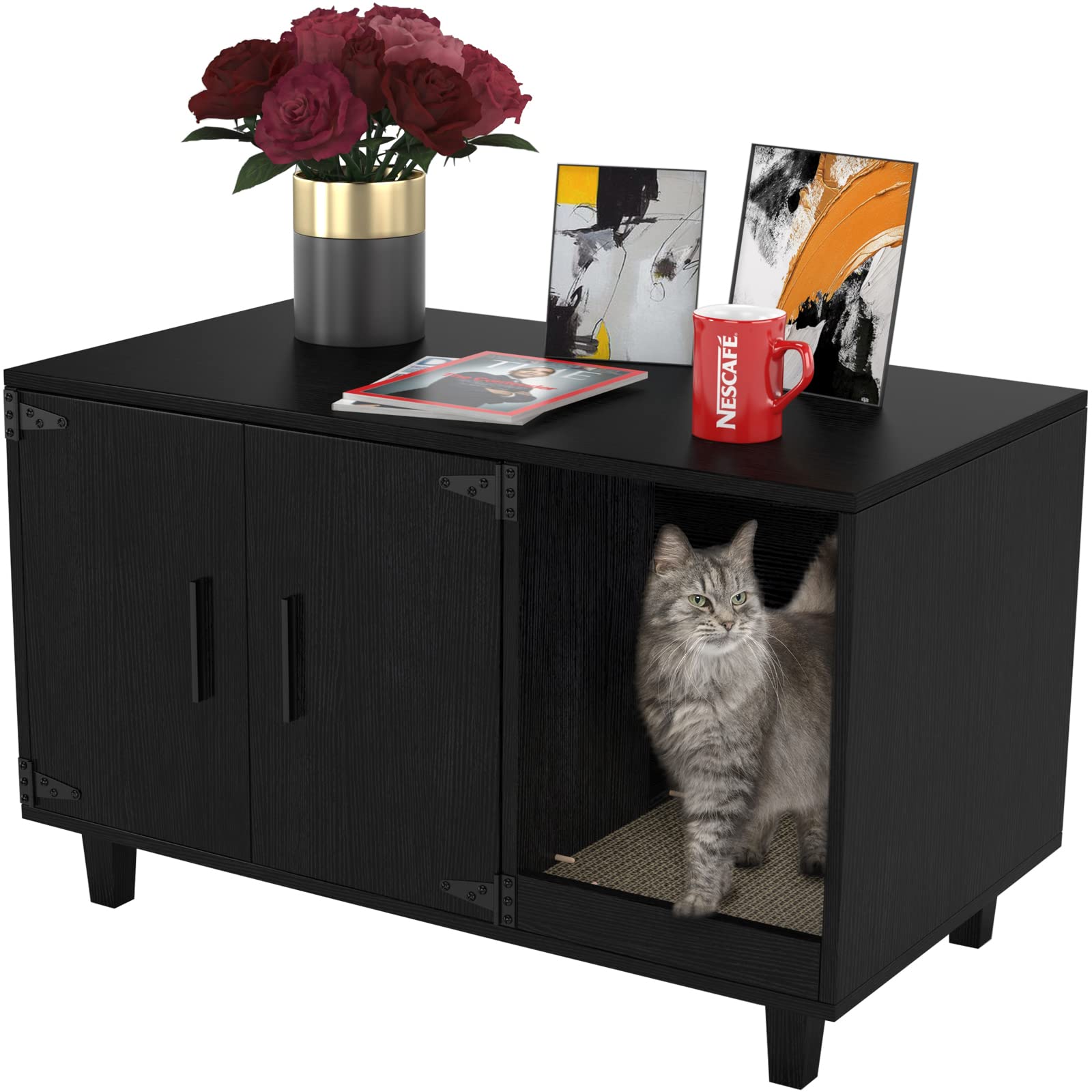 Gdlf Modern Wood Pet Crate Cat Washroom Hidden Litter Box Enclosure Furniture House As Table Nightstand With Scratch Pad,Stackab
