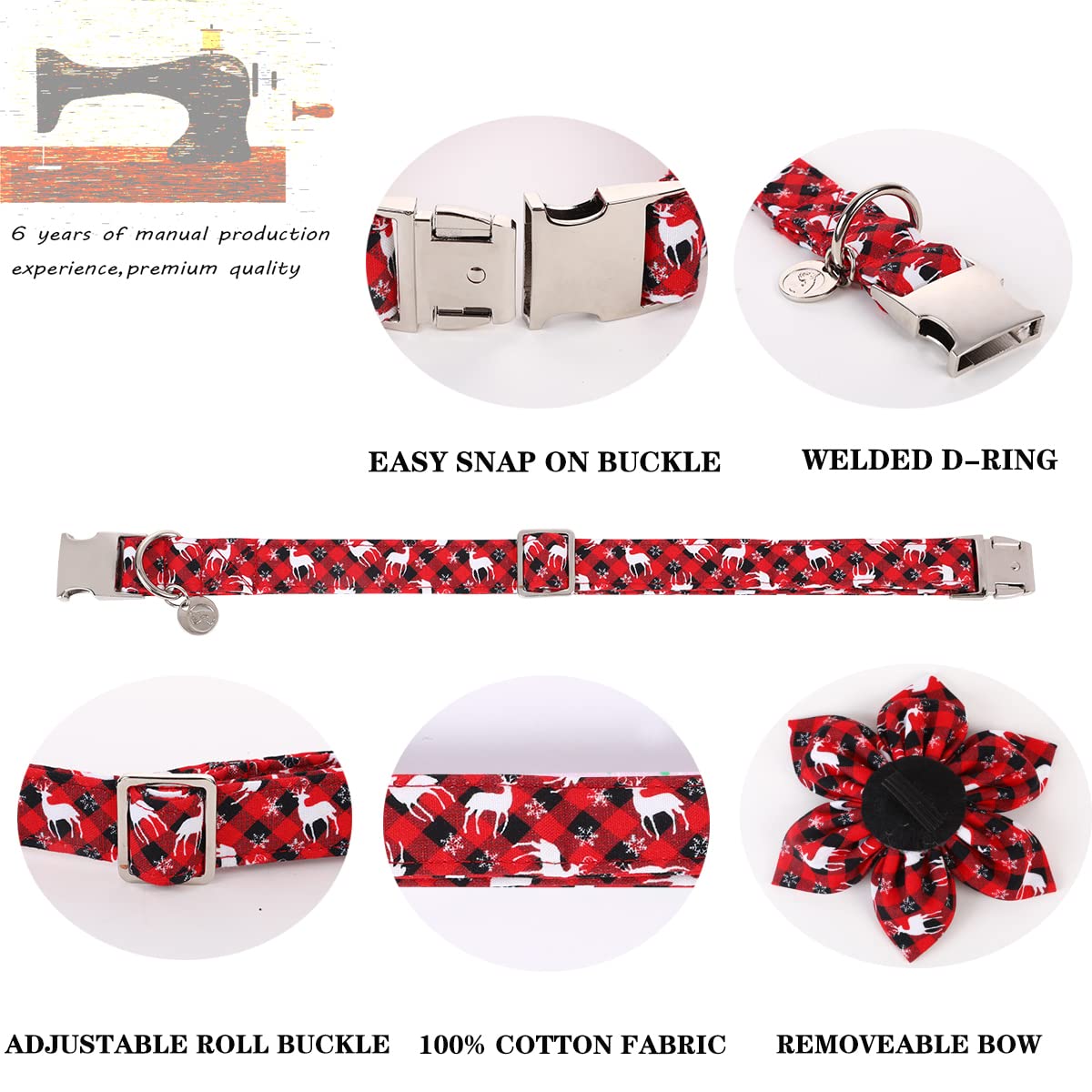 Dogwong Christmas Dog Collar With Flower, Red Plaid Deer Dog Collar Soft Durable Adjustable Cotton Puppy Collar For Small Medium