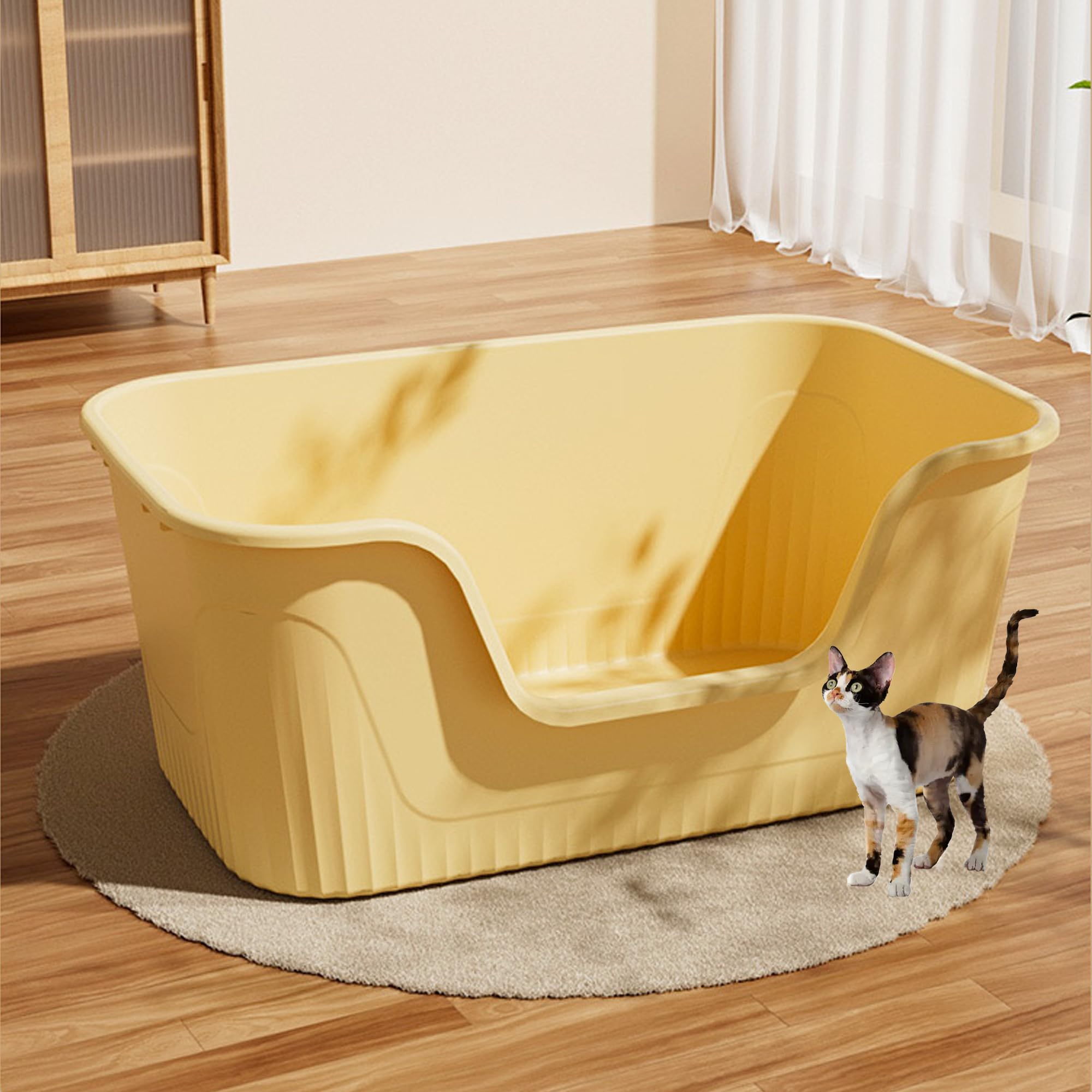 Vealind Largest Xxl Jumbo Cat Litter Box For Big Cats, 31''  21''  16'' Yellow Easy Clean Big Tall Extra Large Cat Litter Box Wi