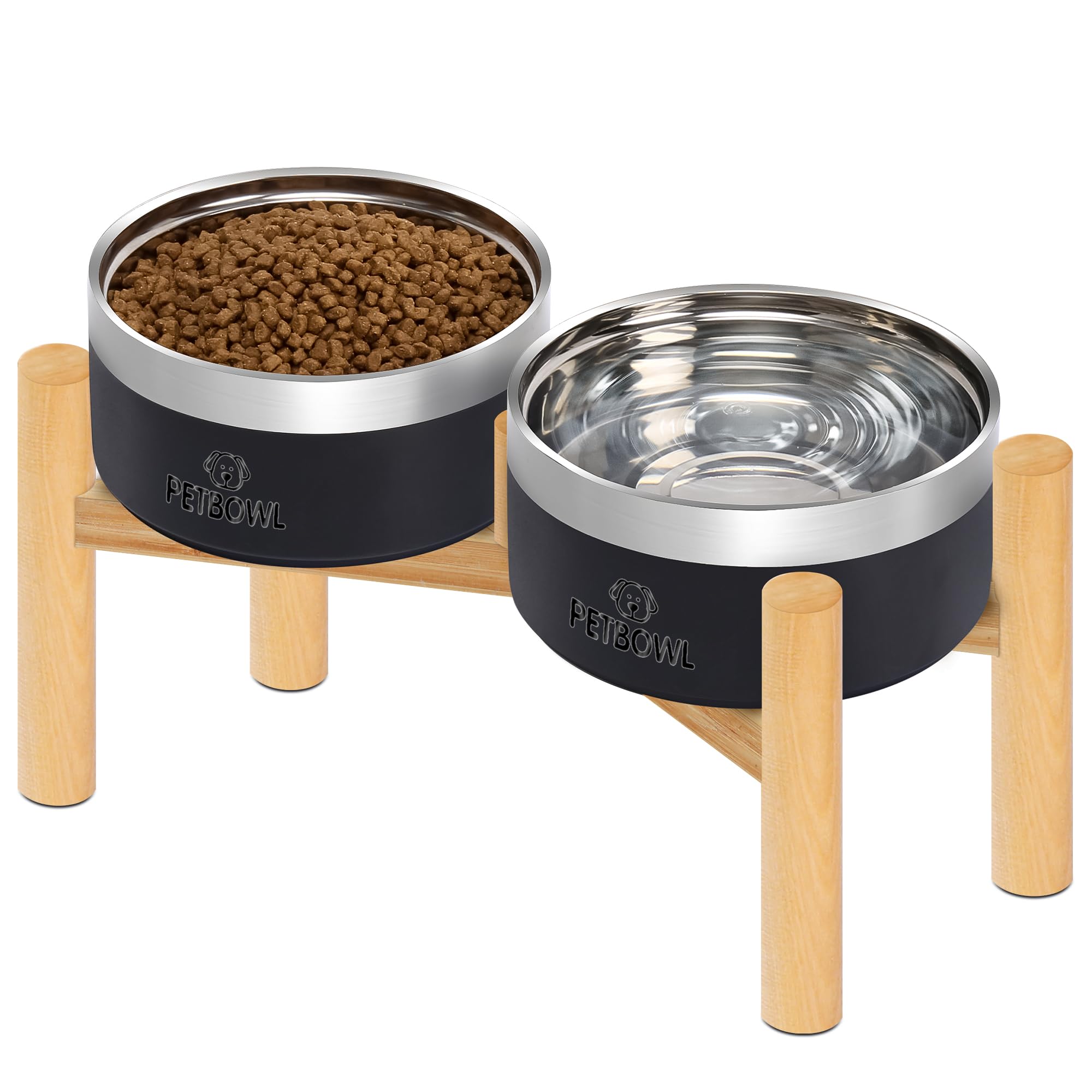 UPSKY Elevated Dog Bowls - 27oz Stainless Steel Anti-Spill Set with Wooden Stand, Double Raised Bowls for Small/Medium Dogs to R