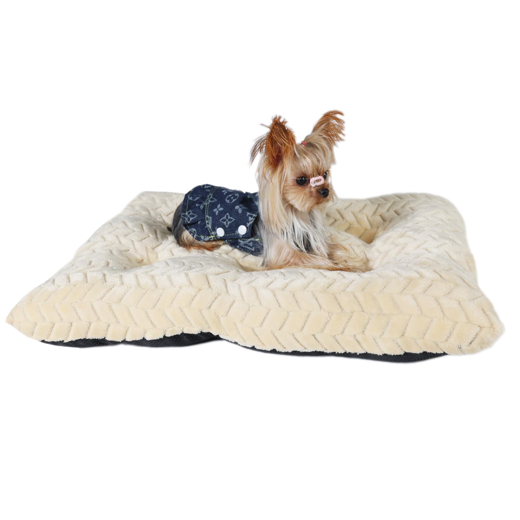 24 Inch Dog Crate Bed Mat for Cages, Washable Sleeping Mat for Small Dogs Up to 25 lbs, Soft and Fluffy Tire Printing, Rice Whit