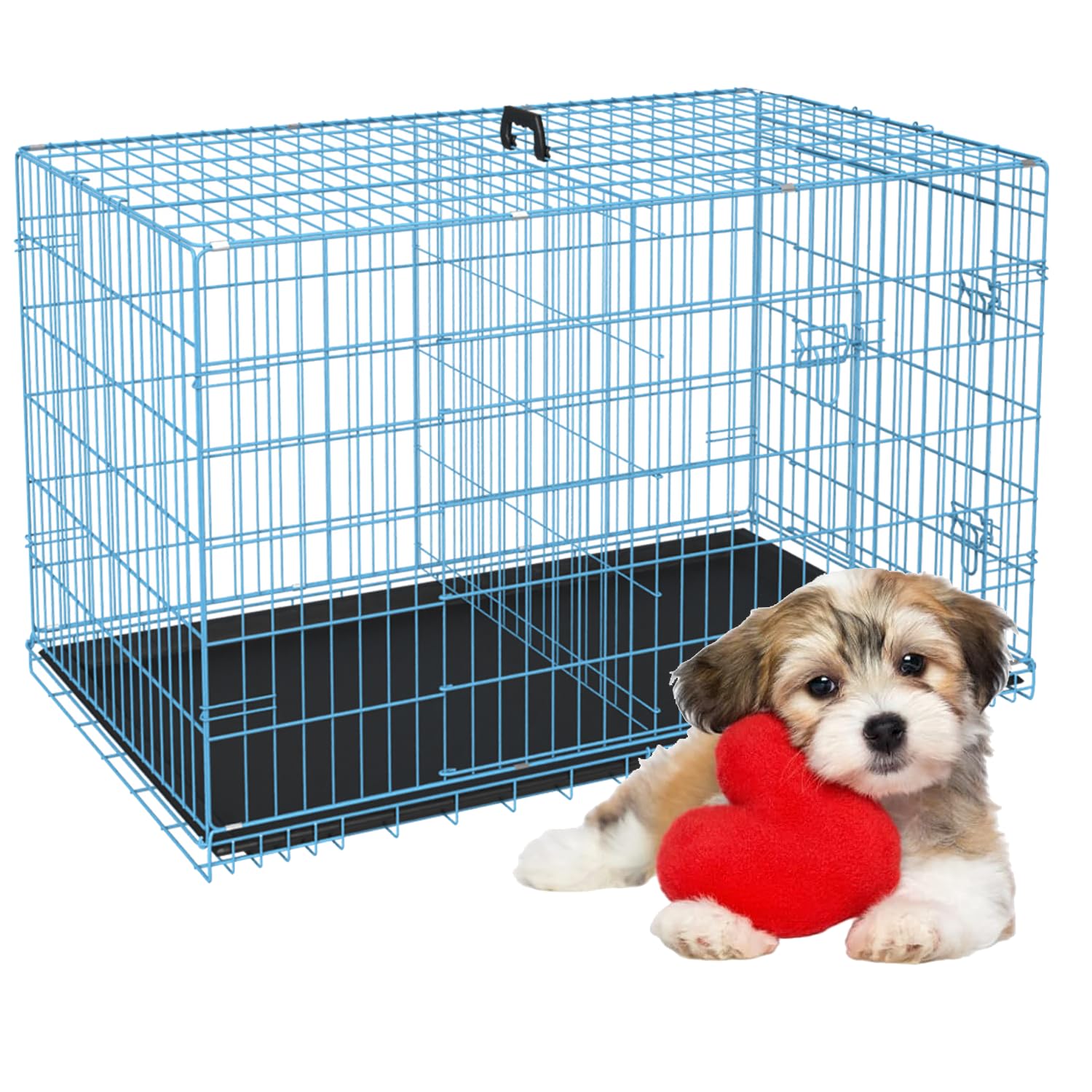 Home For Pets Dog Crate Cage Extra Folding Large Double Door Pet Crate,Includes Divider And Tray,(Blue,42)