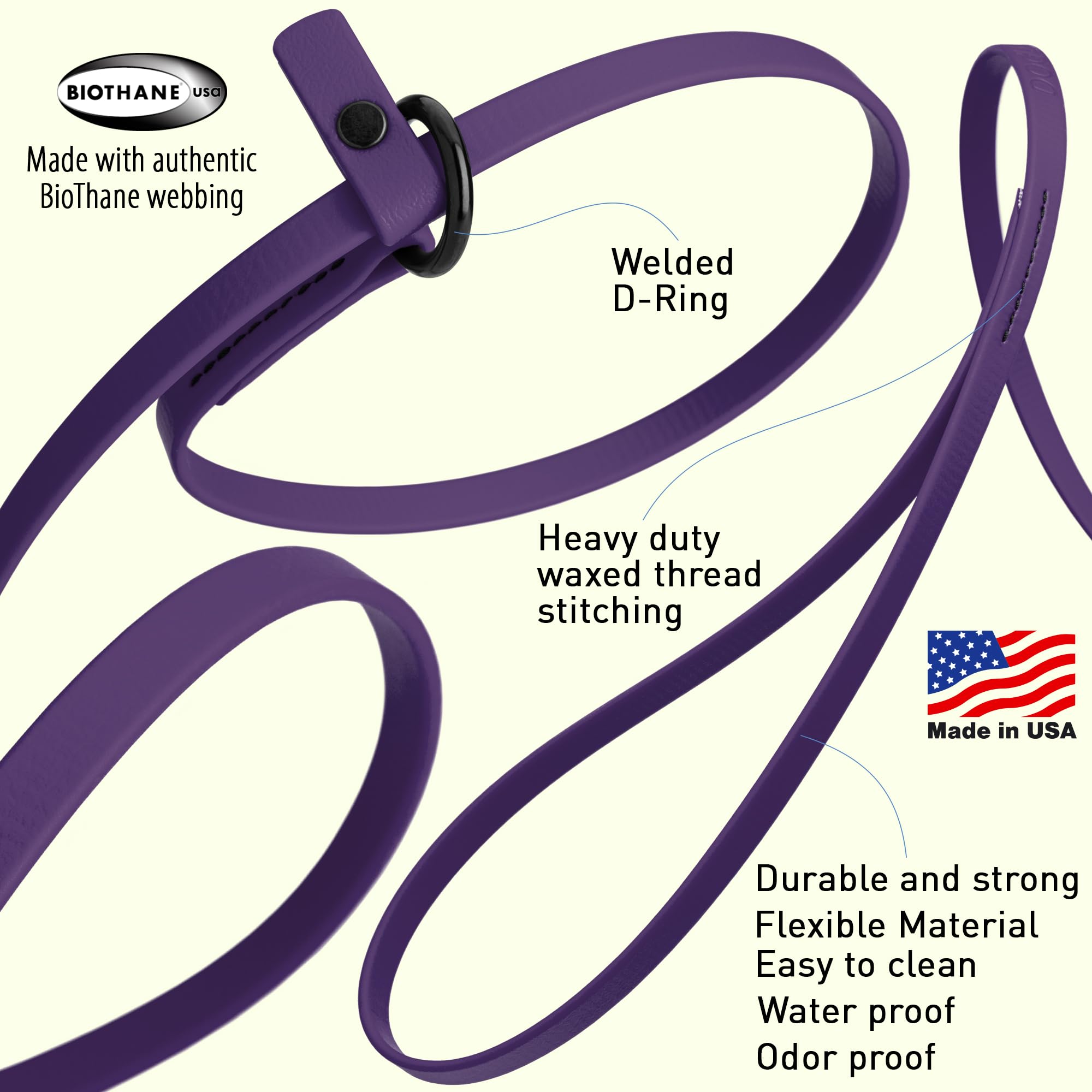 Dogline Biothane Slip Dog Leash - For Small, Medium And Large Dogs - Odor Free Slip Lead, Heavy Duty And Durable Material Kennel Lead - Violet Purple - 5Ft L X 3/8In W