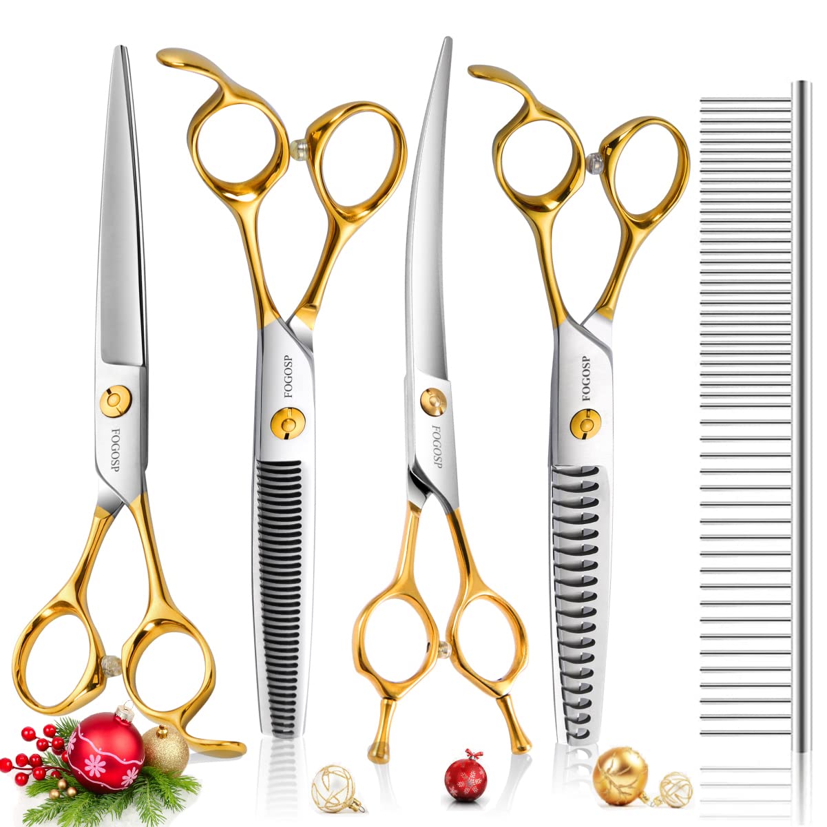 Fogosp Dog Grooming Scissors Kit 4Pcs 7 Inch Professional Dog Grooming Shears Set Curved Thinning Straight Chunkers For Dogs Cat