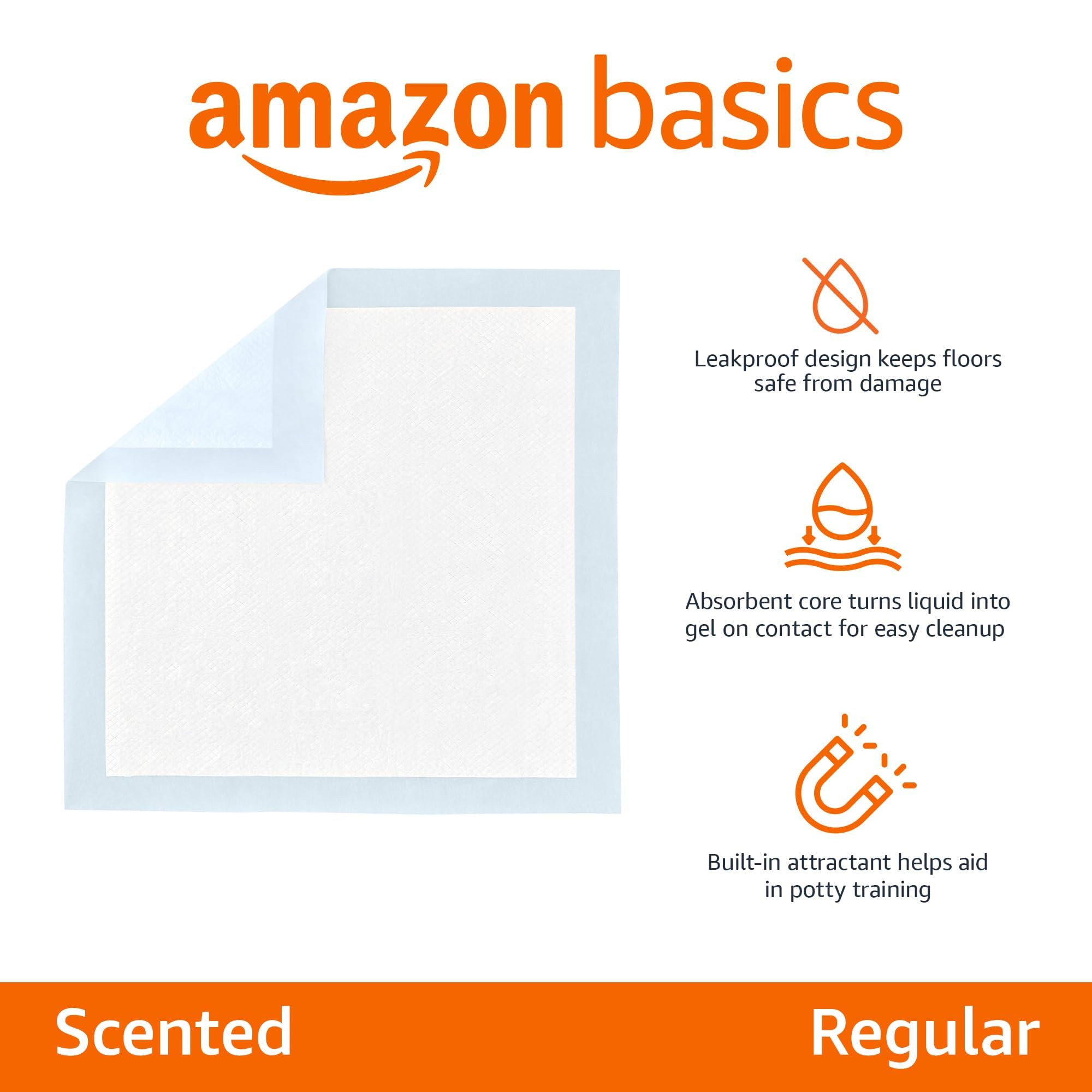 Amazon Basics Absorbent Dog and Puppy Pee Pads with 5-Layer Leak-Proof Design and Quick-Dry Surface for Potty Training, Regular,