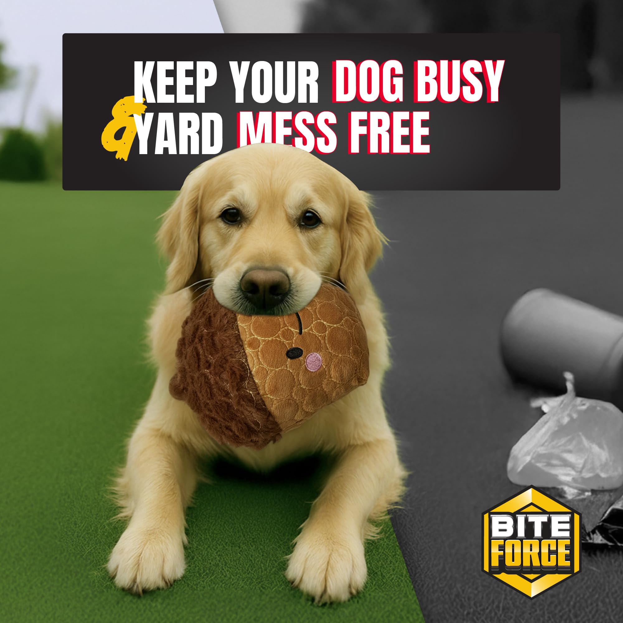 Bite Force Cheeky Acorn Dog Toy - Kevlar-Reinforced, Durable Squeaker for Small, Medium, Large Dogs - Brown, Model BF1199