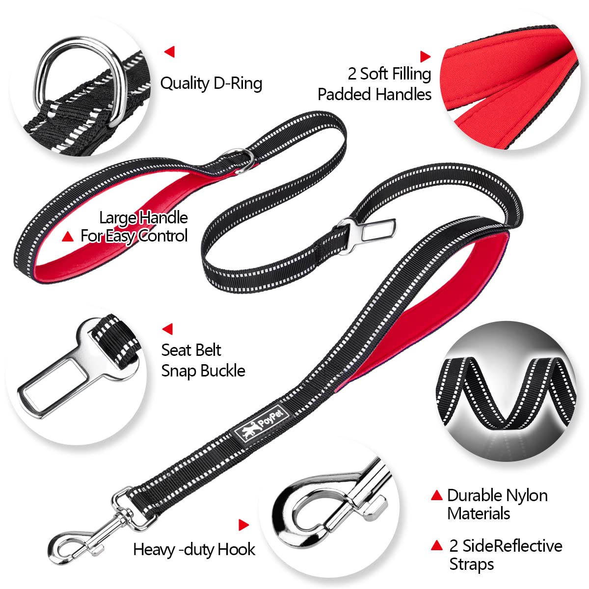 Poypet 5 Feet Reflective Dog Leash Tether + Car Seat Belt+ Dual Padded Grip Handles (Red)