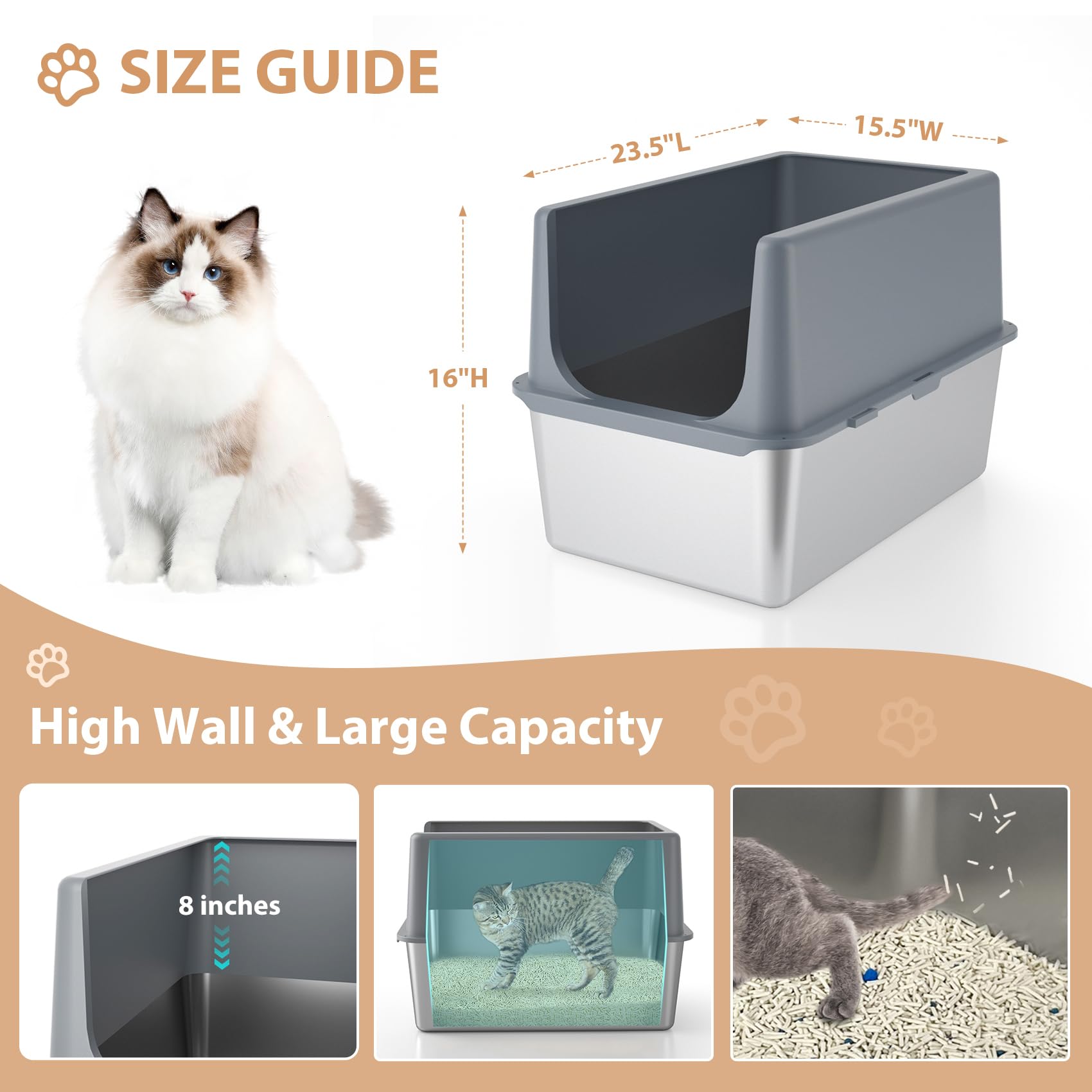 Litter Box With Lid, Large Stainless Steel Litter Box High Sides, 16 Metal Cat Litter Box, Extra Large Litter Boxes For Big Ca