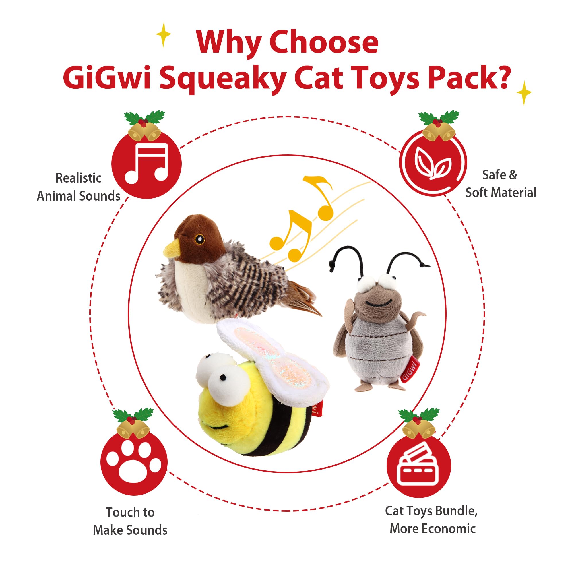 Gigwi Automatic Cat Toys Pack - Interactive Electronic Squeaky Animals, Plush Toys For Indoor Cats To Play Alone, 3 Pcs
