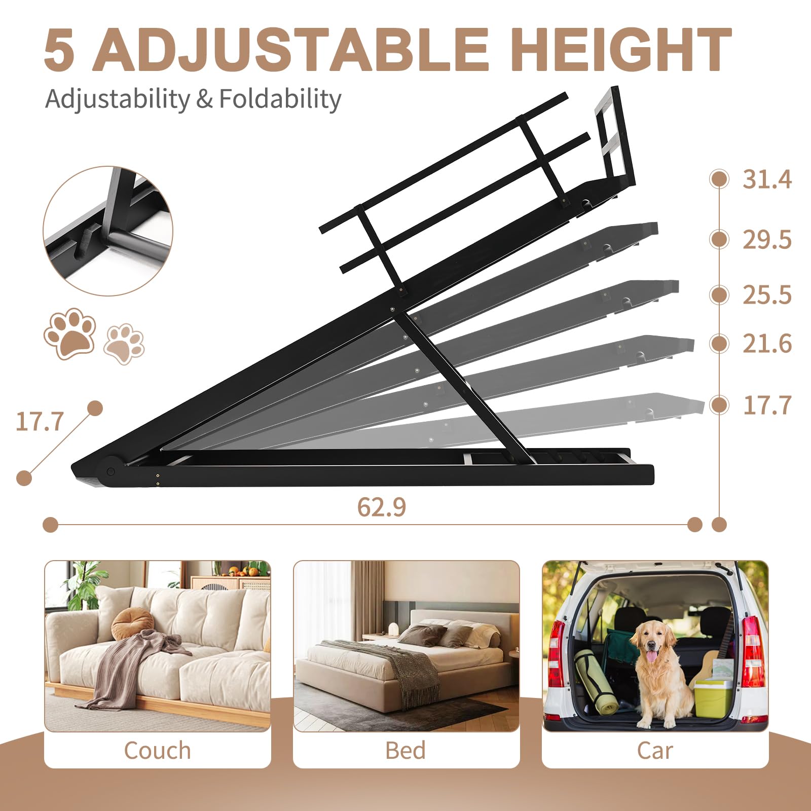 Dog Ramp, Rubber Mat High Traction Ramp, 62.9' Long Portable Paw Ramps, Great For Small & Old Pets, Natural Wood Pet Ramp With