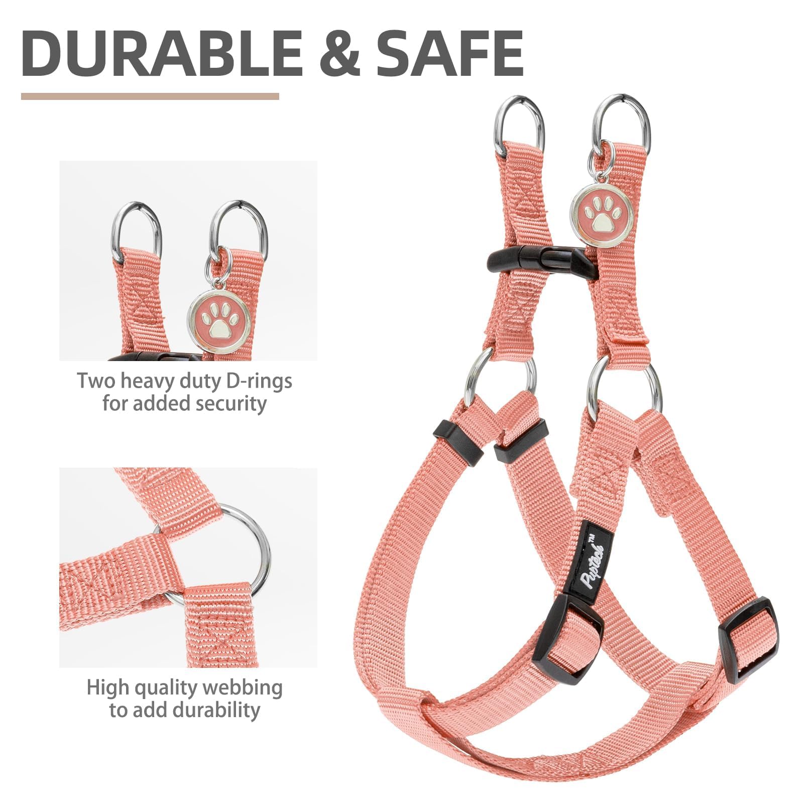 PUPTECK No Pull Dog Harness, Soft Adjustable Nylon Vest, Medium, Light Coral, Model PH009LTP_M, Ideal for Outdoor Walking with ID Tag
