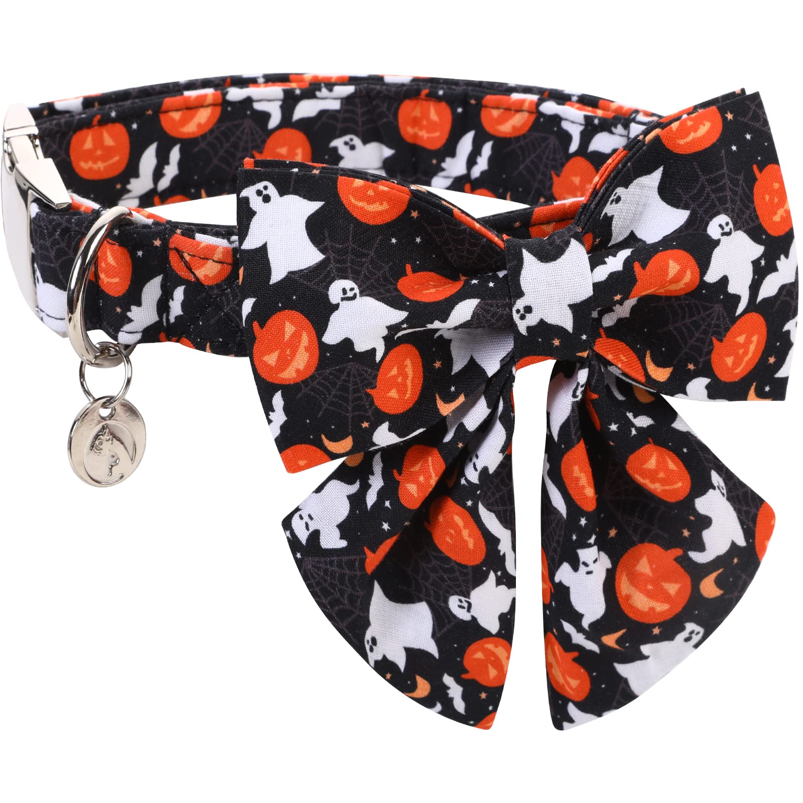 Halloween Ghost Black Dog Collar With Sailor Bow Tie Adjustable Pet Collars, Soft Comfy Halloween Themed Pet Collar, Fall Dog Co