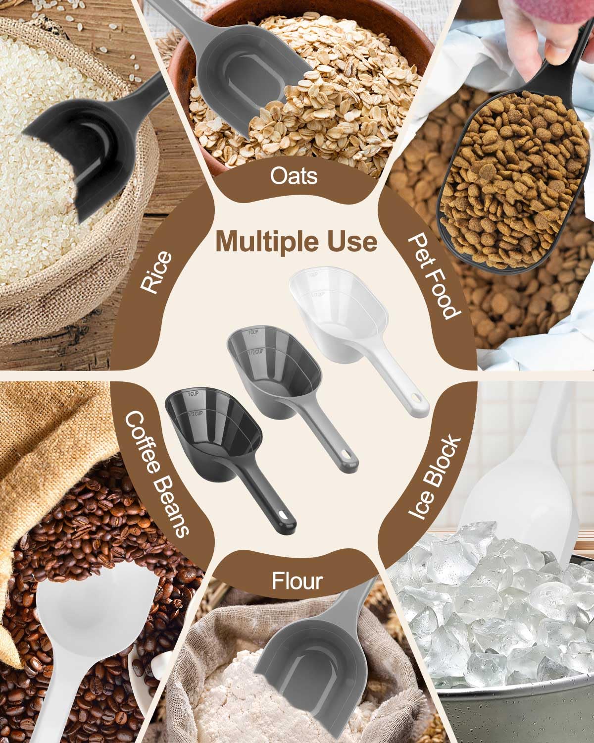 Aosnare 3PCS Dog Food Scoop, 1 Cup Plastic Pet Food Scoop with Measuring Lines 1/2 Cup and 1 Cup for Dogs, Cats, Birds and Rabbi