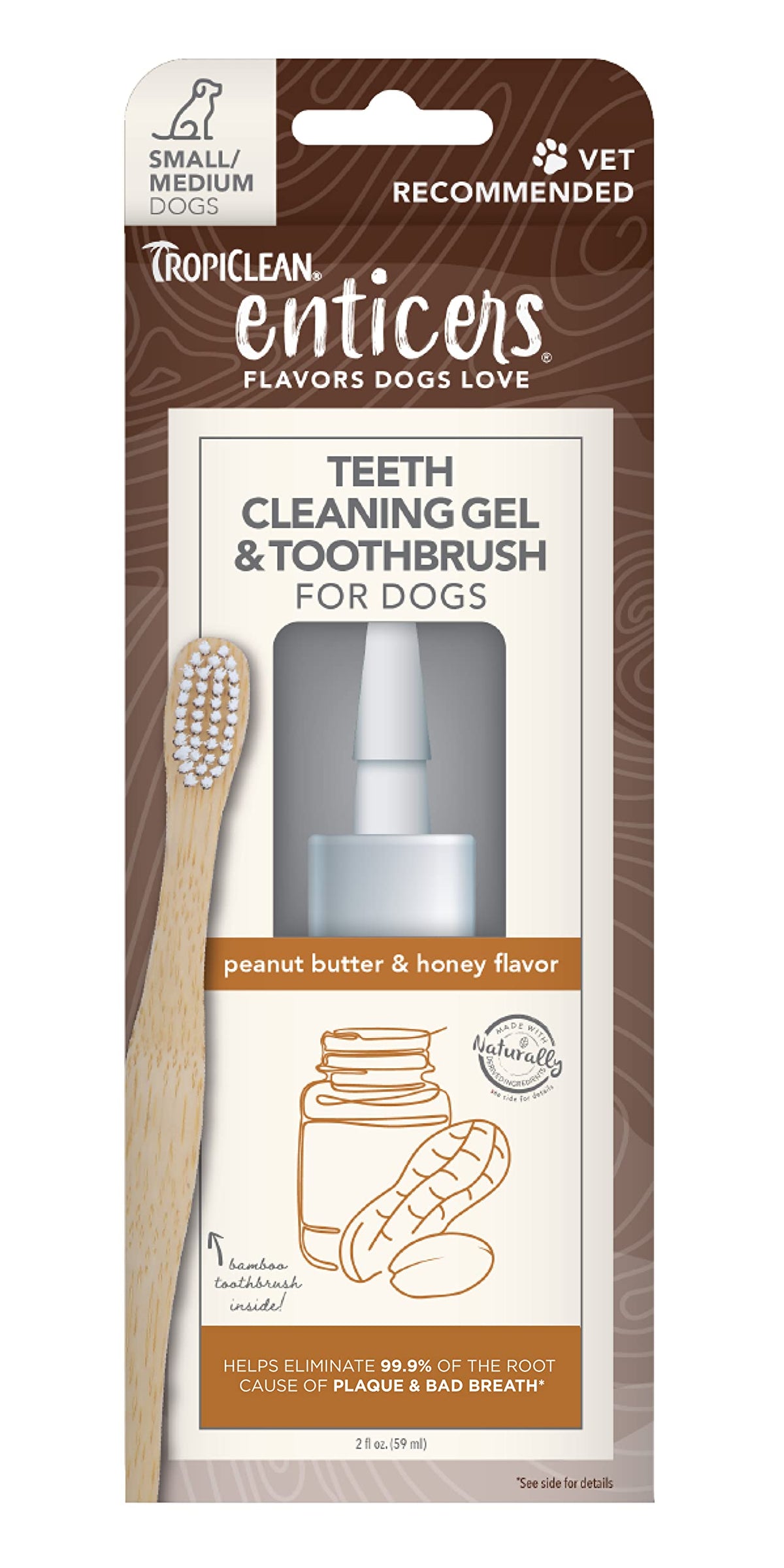 Tropiclean Enticers Teeth Cleaning Gel & Toothbrush For S/M Dogs | Peanut Butter & Honey | Bamboo Brush Speeds Up Plaque Removal | Gell Helps Fight Bad Breath | 2 Oz