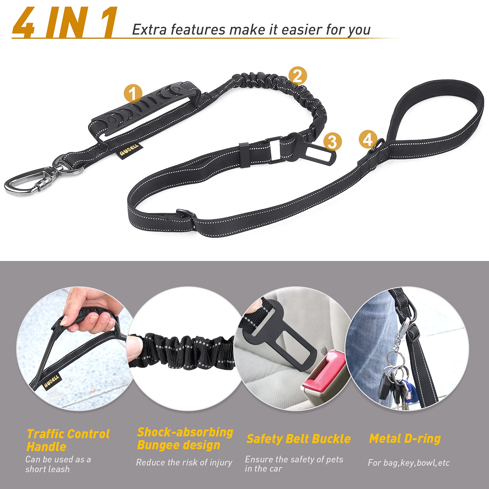 Heavy Duty Dog Leash, Reflective Dog Leashes With Car Seat Belt And Soft Padded Handle, 6Ft Strong Dog Leash For Training, Walking Lead For Large Medium Dogs, Black