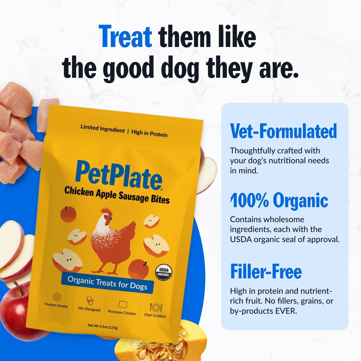 PetPlate Chicken Apple Sausage Bites, Human Grade Dog Treats, All Life Stages, Grain-Free, Organic and Real Ingredients, High Pr