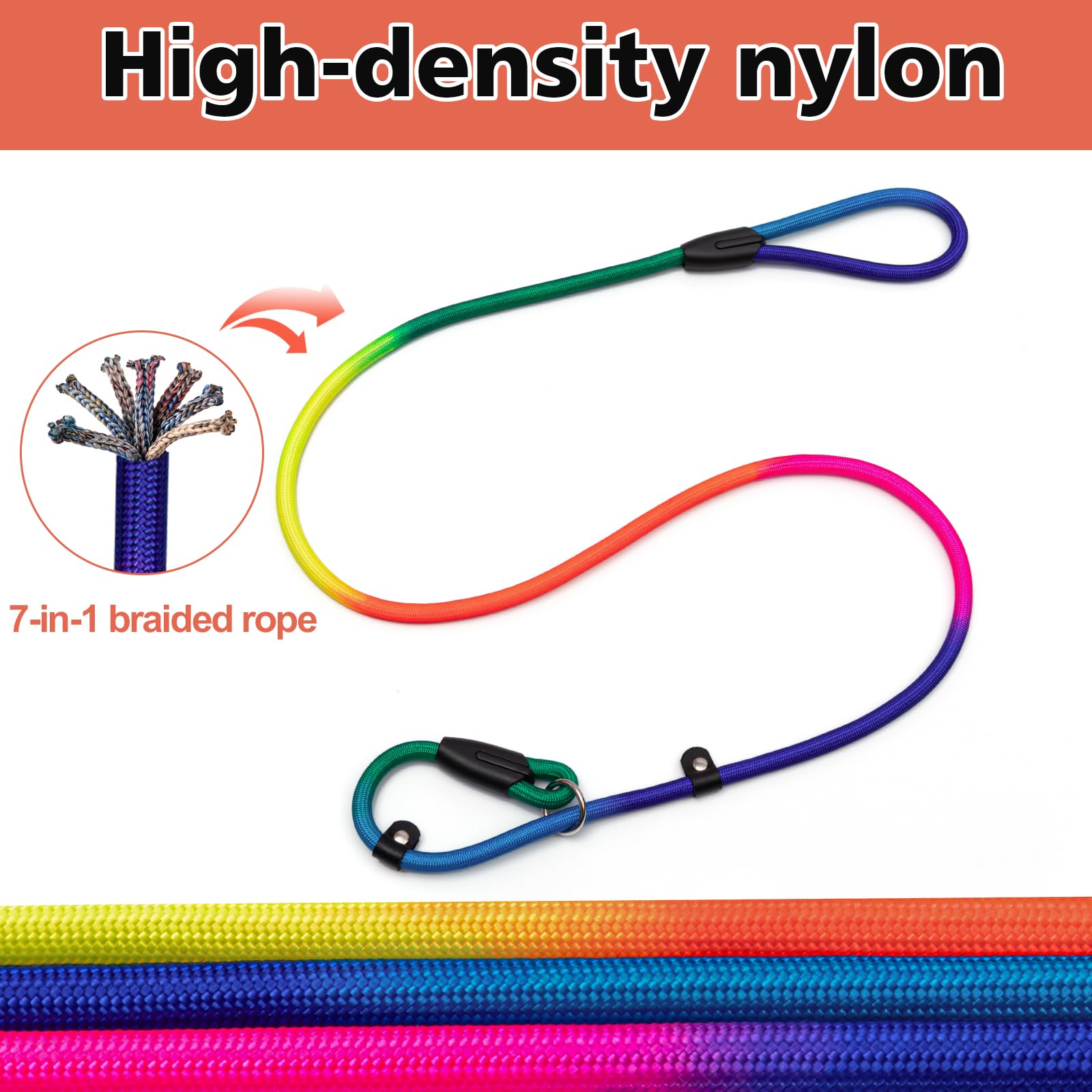 Fovrlzse 3-Pack Adjustable Rainbow Adjustable Slip Leads For Dogs - No-Pull Training For Small & Medium Dogs