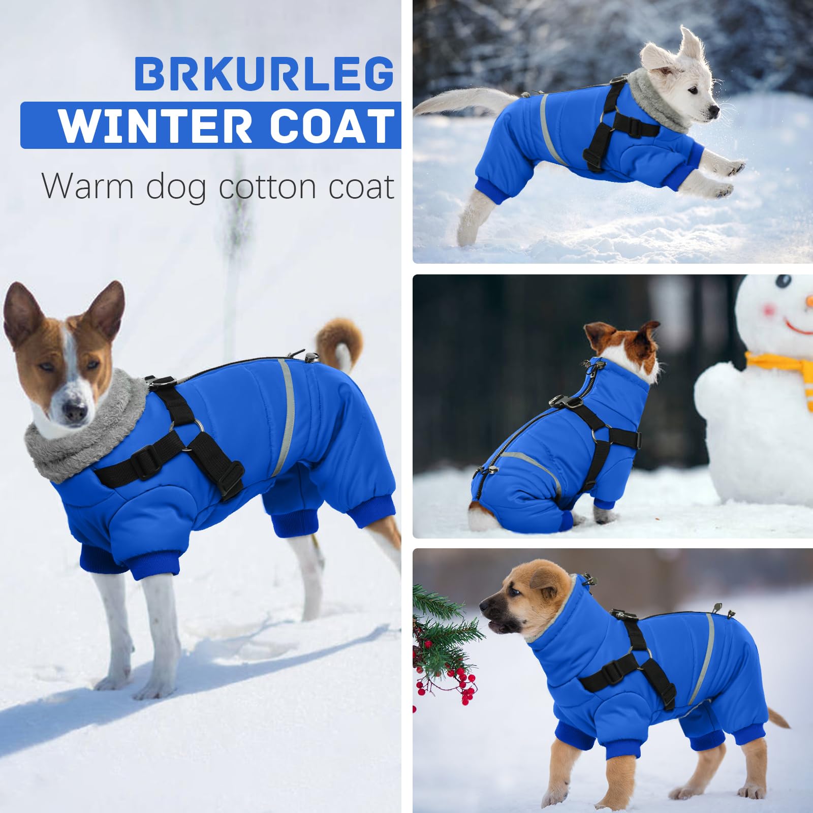 BRKURLEG Blue Dog Winter Coat, Large Reflective Puffer Jacket, 100% Polyester, Windproof, Cozy Christmas Onesie
