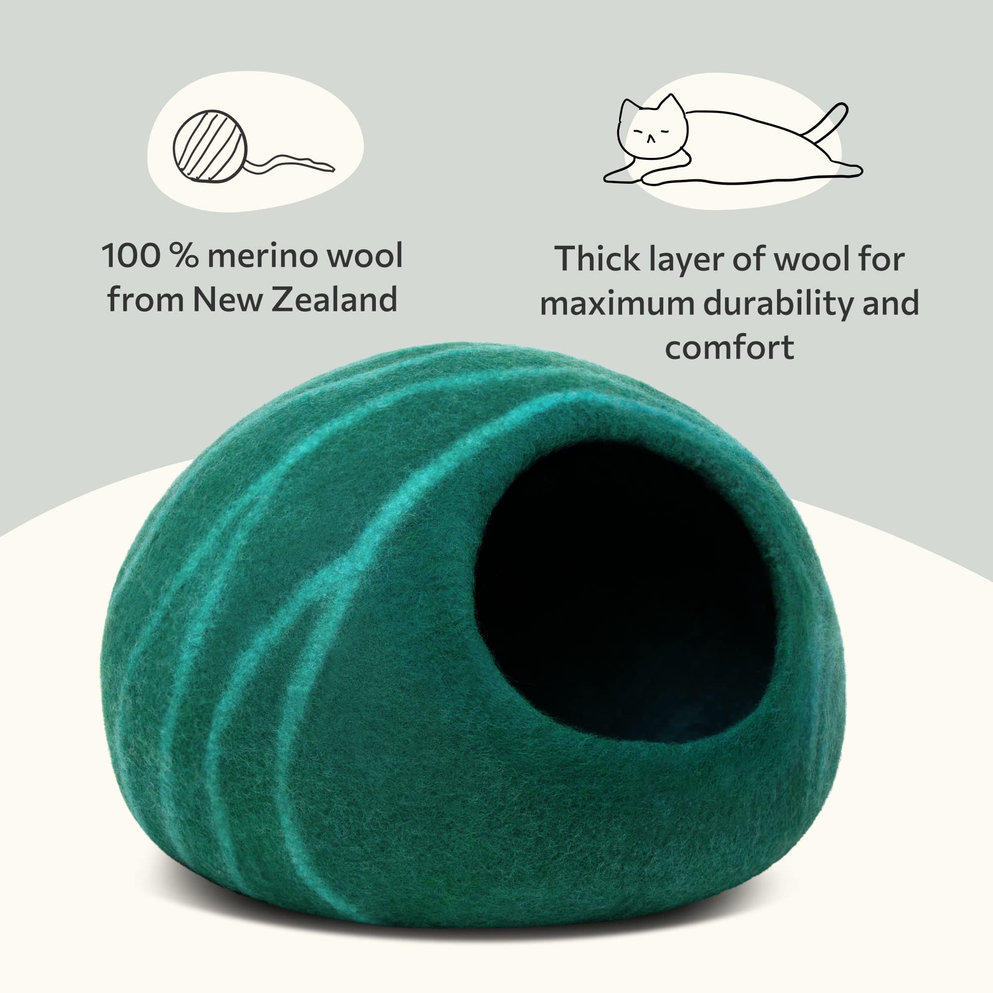 Meowfia Cat Cave - Premium Felt Cat Bed For Indoor Cats, Handmade 100% Merino Wool (Dark Shades) (Large, Emerald)