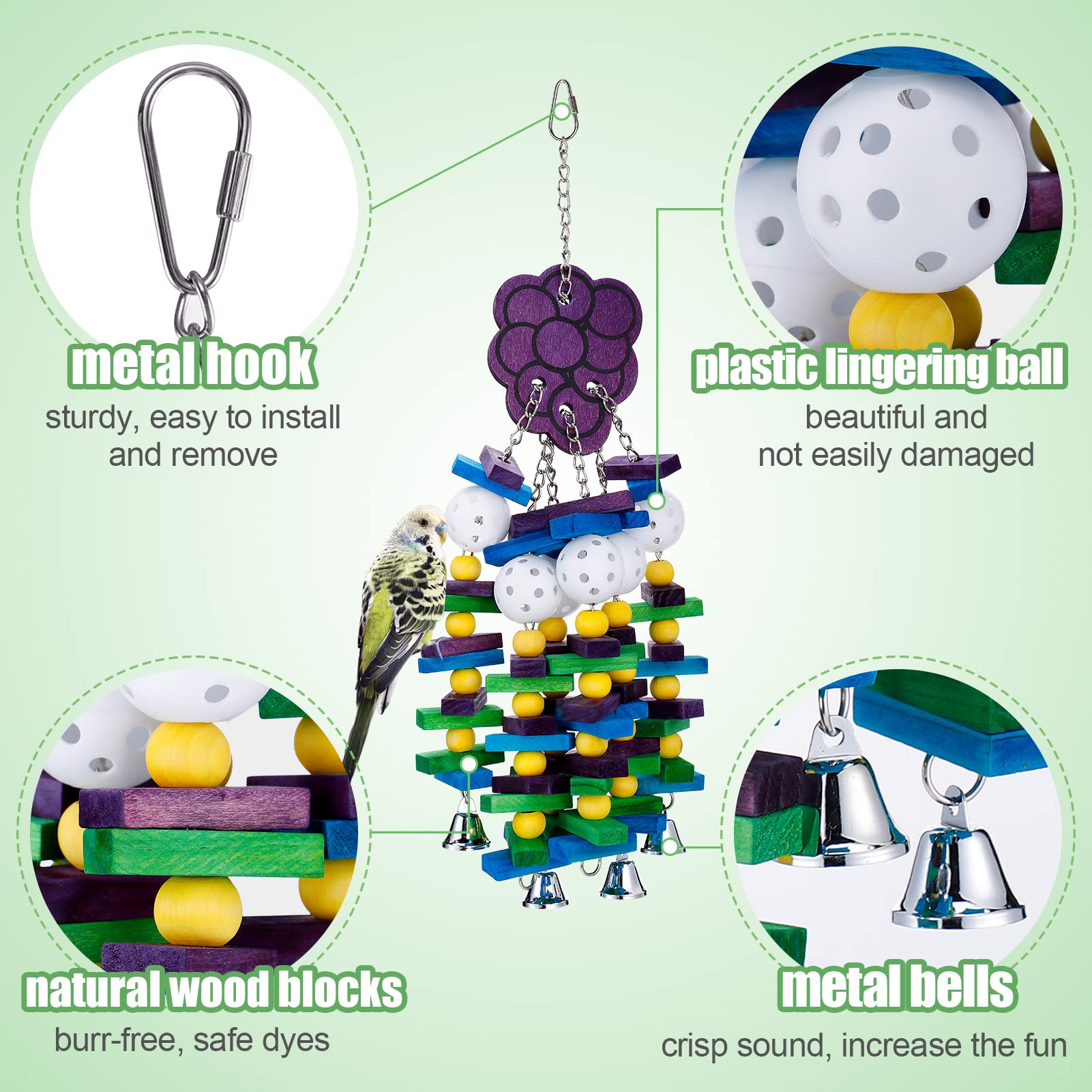 Mewtogo Large Bird Parrot Toys With Bells- Parrots Cage Chewing Toy With Colorful Wood Blocks Beads- Bird Parrot Chewing Sticks