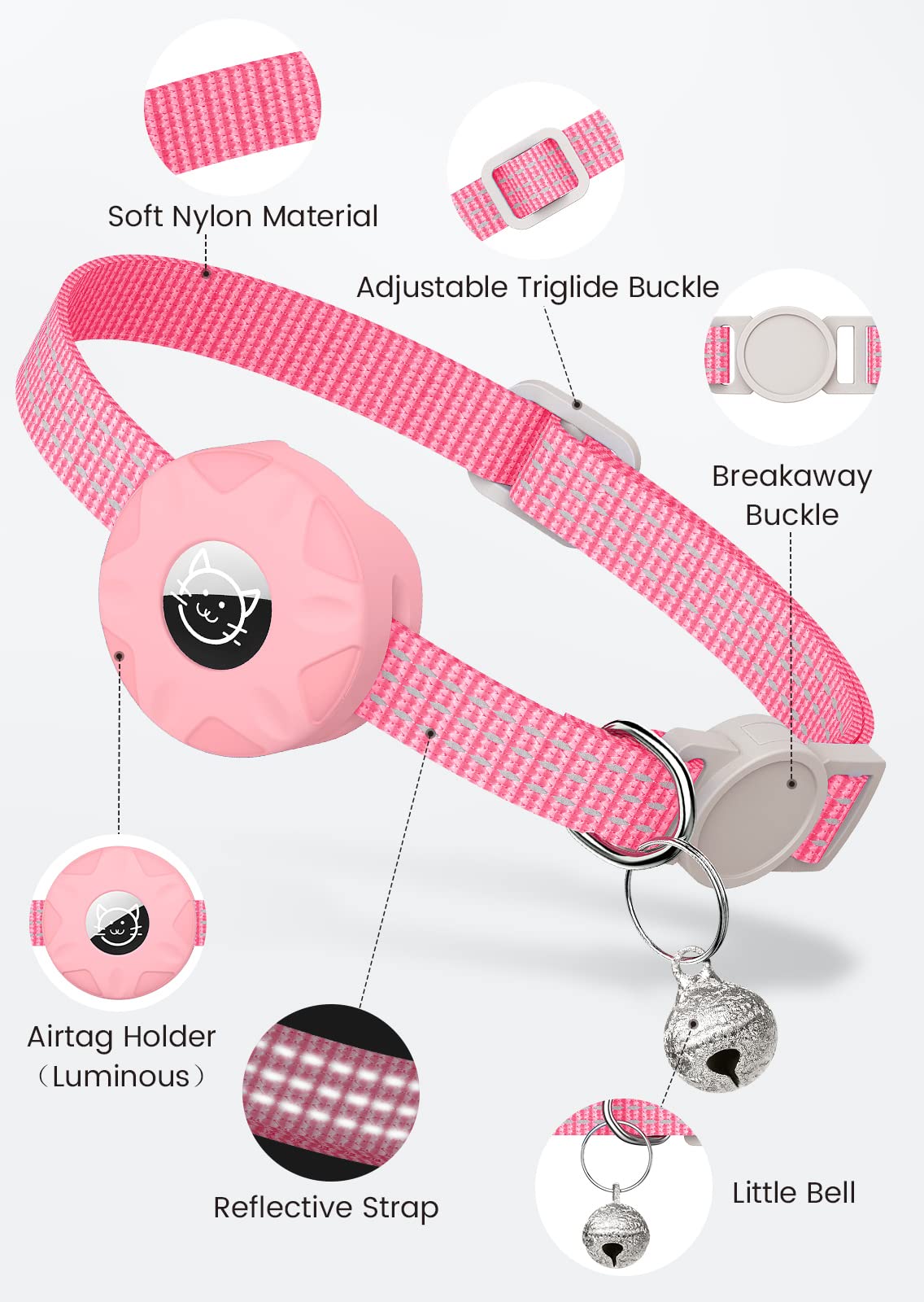 Airtag Cat Collar, Reflective Kitten Collar Breakaway Apple Air Tag Cat Collar, Gps Cat Collar With Airtag Holder And Bell, Lightweight Tracker Cat Collars For Girl Boy Cats Kittens Puppies(Pink)
